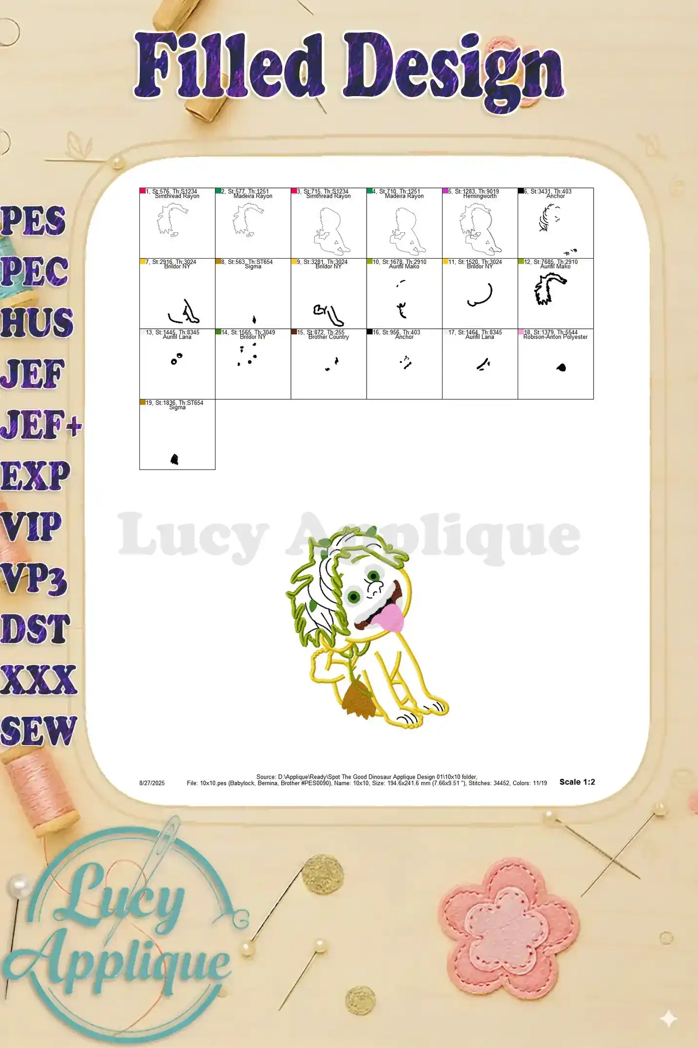 Filled design showing the completed Spot the Good Dinosaur applique, highlighting the color palettes and overall finished look of the embroidery.