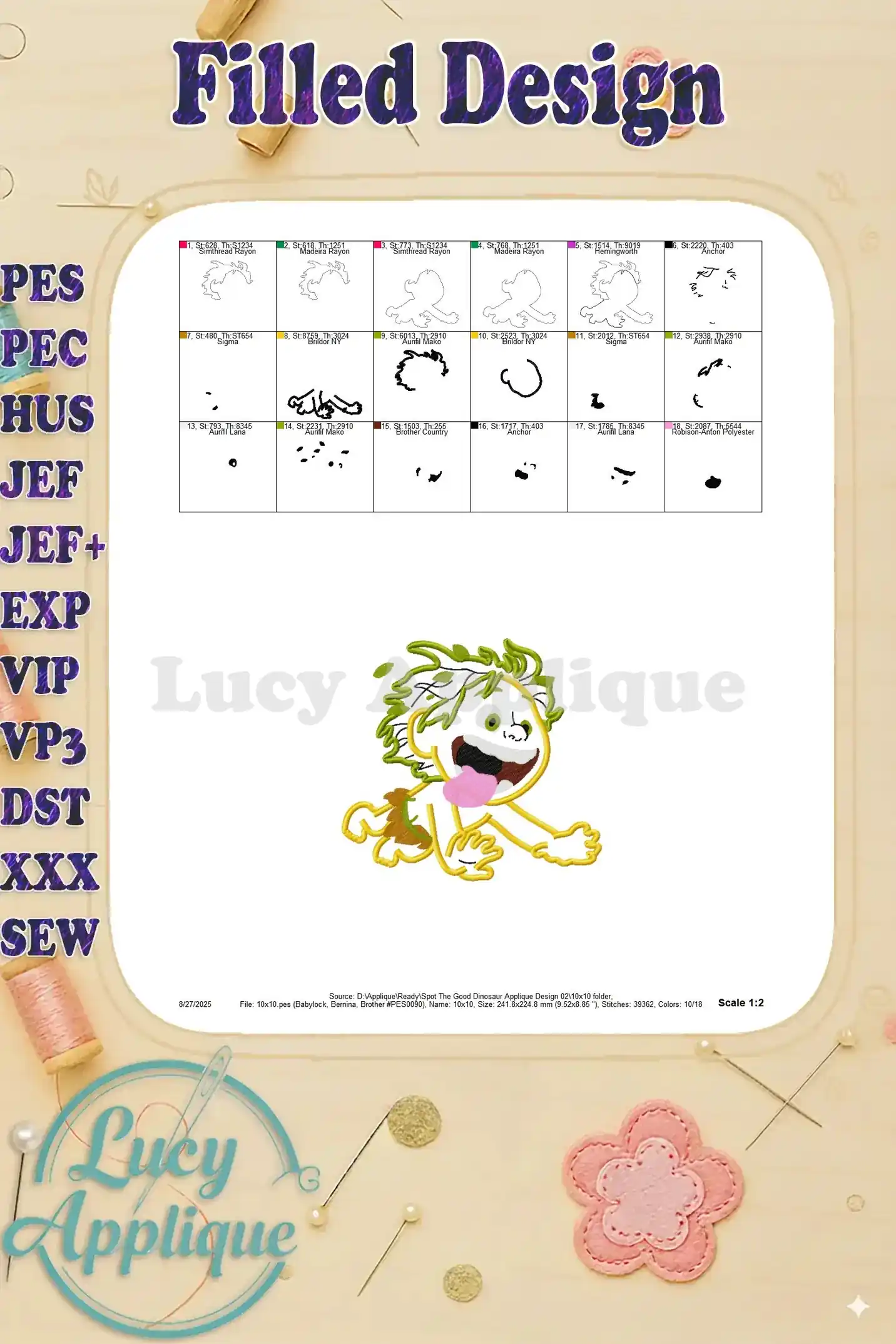 Filled design image of Spot from The Good Dinosaur, showing the completed embroidery. Perfect for visualizing the final look.