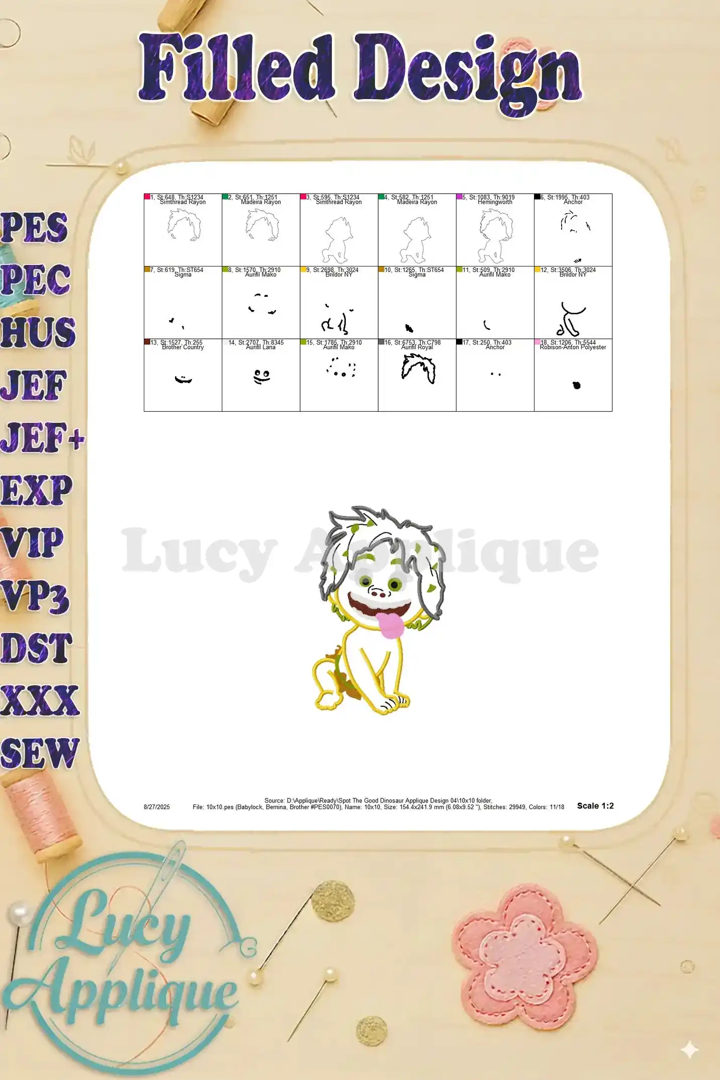 Filled design for Spot the Good Dinosaur applique, showcasing the completed design with all the colors and details.