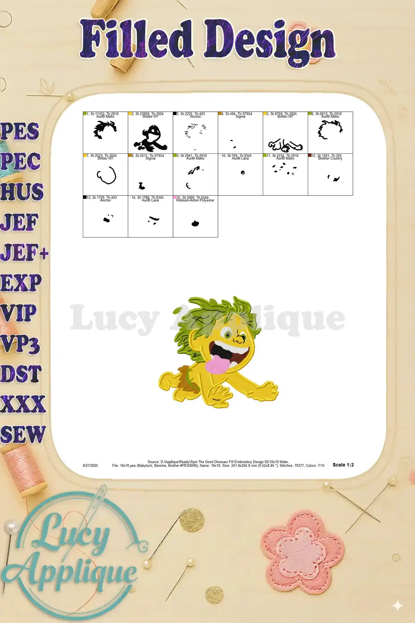 A preview of the completed Spot the Good Dinosaur embroidery design at a different scale, showcasing the design's details and overall appearance.