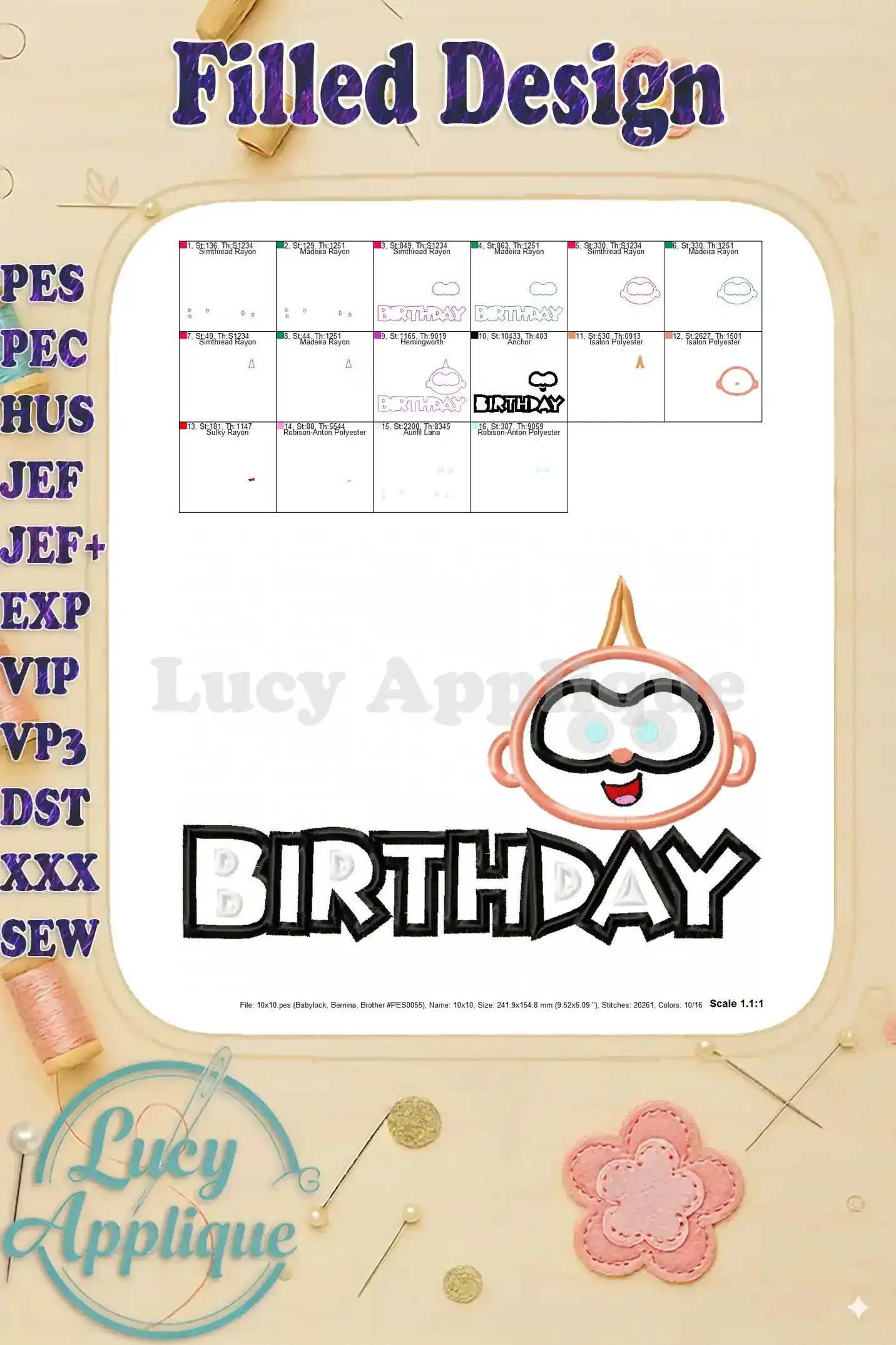 Filled design preview for the Jack-Jack Parr birthday applique, showing the completed embroidery with thread colors indicated.