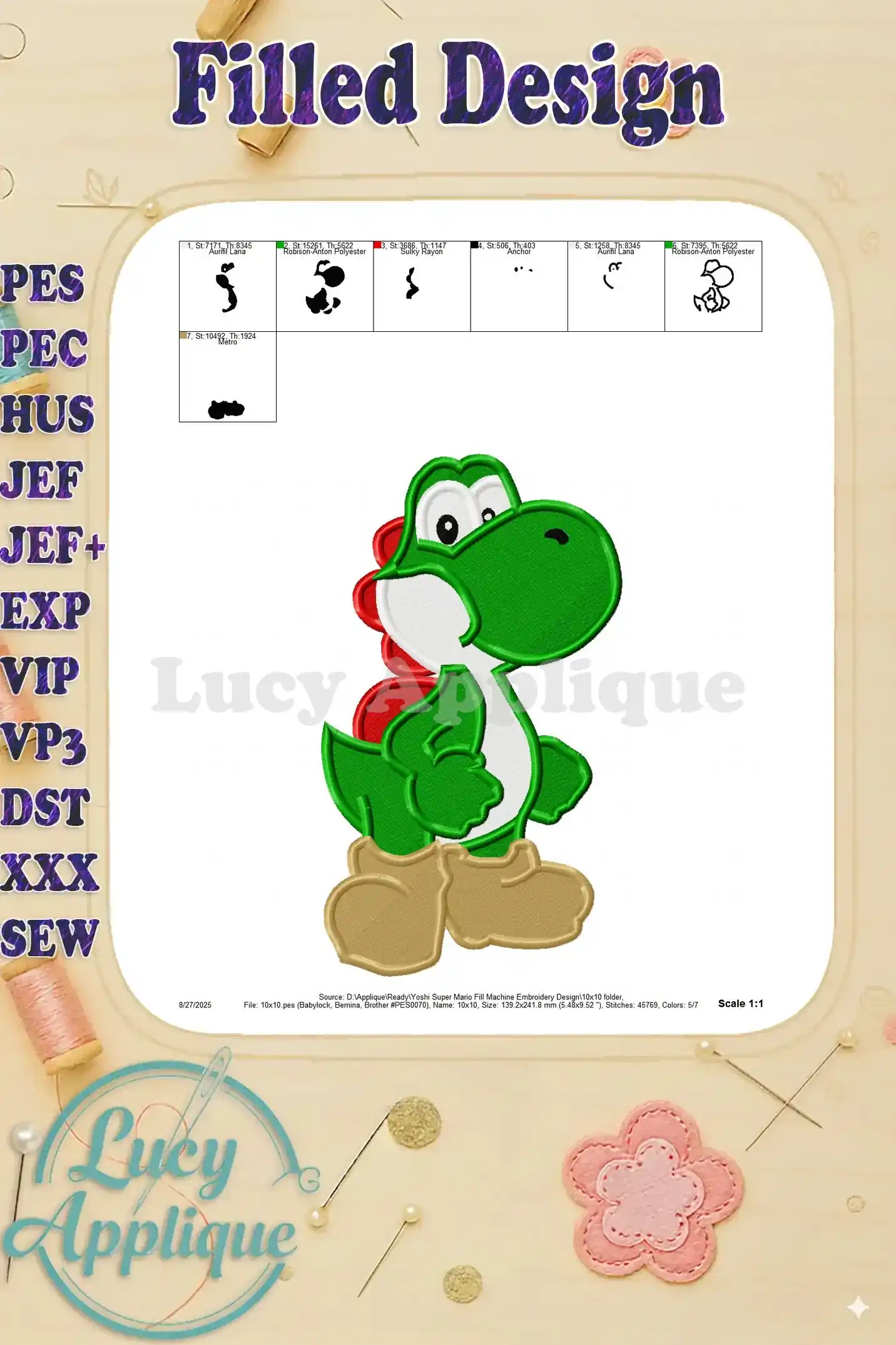 A detailed view of the Yoshi Super Mario embroidery design, showcasing the stitches and color variations in a 1:1 scale.