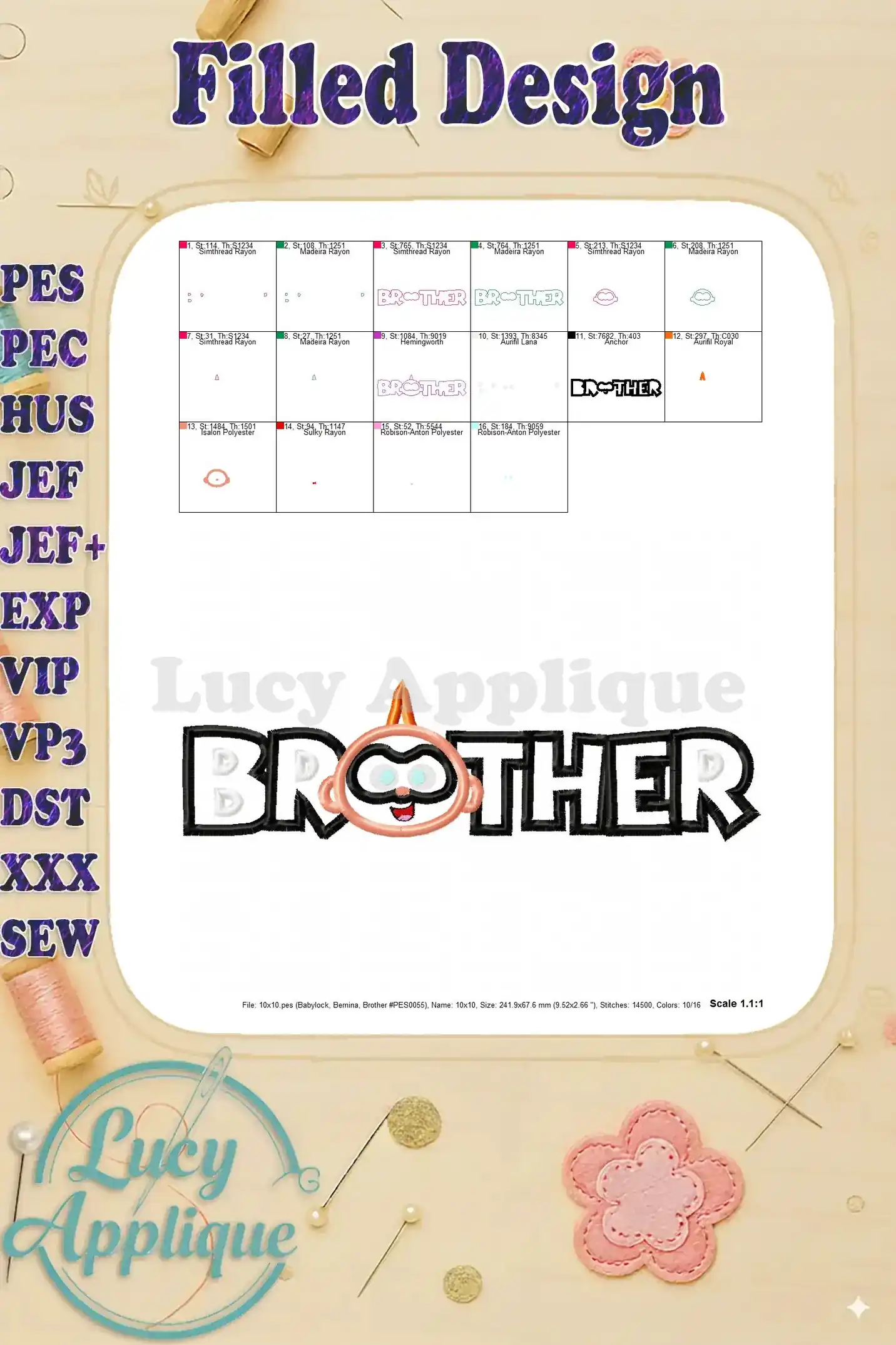 Filled design preview of the Jack-Jack Parr 'Brother' applique, showing the finished embroidered look with thread colors and stitch density.