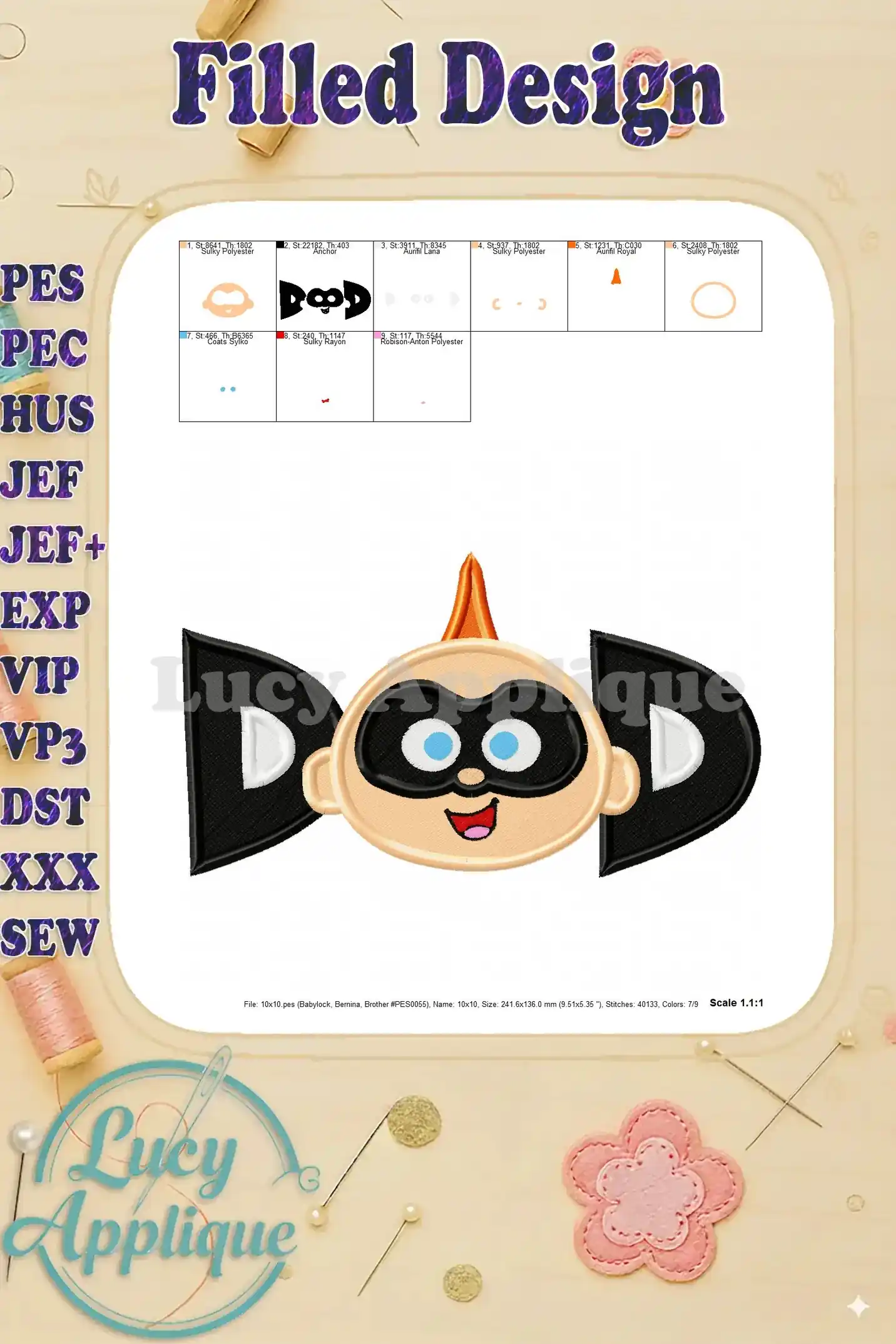 Detailed view of the Jack-Jack Parr embroidery design, showing stitch details and color placement. Ideal for checking before stitching.