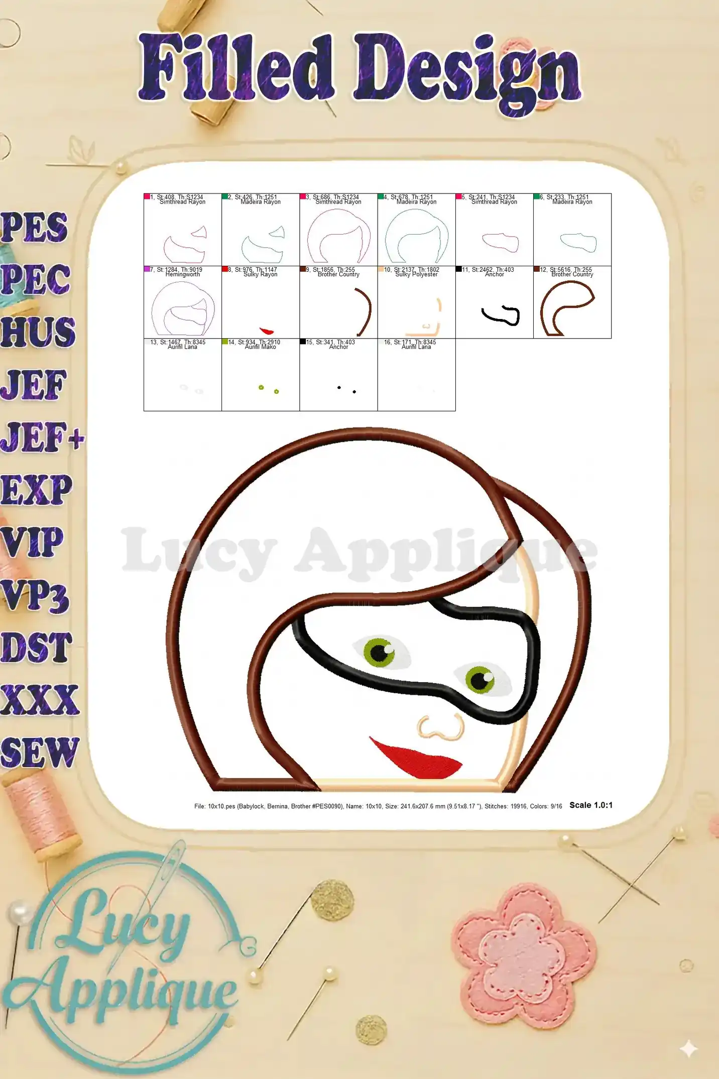 Filled embroidery design of Elastigirl's head. This image showcases the finished look of the design, highlighting the detailed stitching and accurate representation of the character.