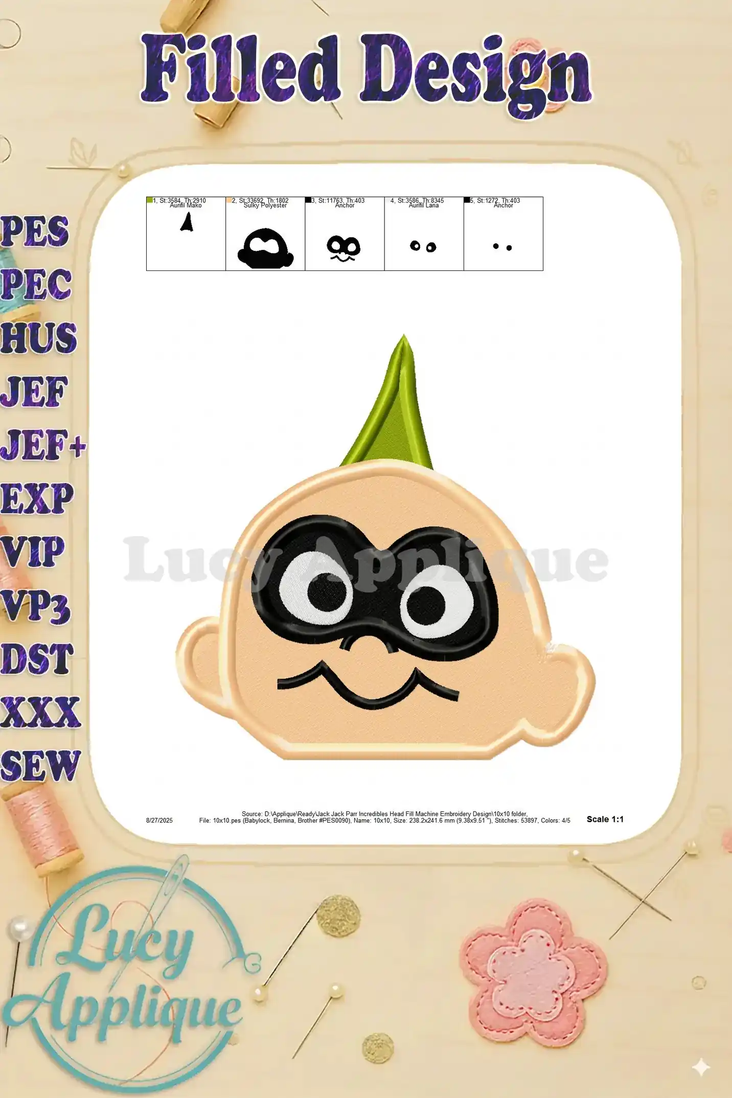 Scale 1:1 view of the Jack Jack Parr Incredibles head embroidery design, showcasing the finished look of the filled stitch.