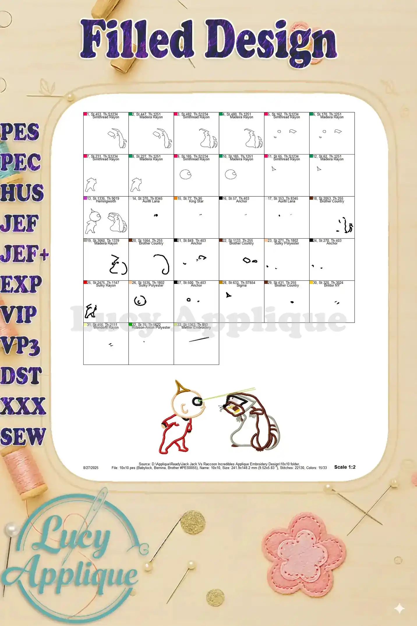 Filled design section for the Jack-Jack vs Raccoon applique embroidery, showing stitch details and thread consumption information.