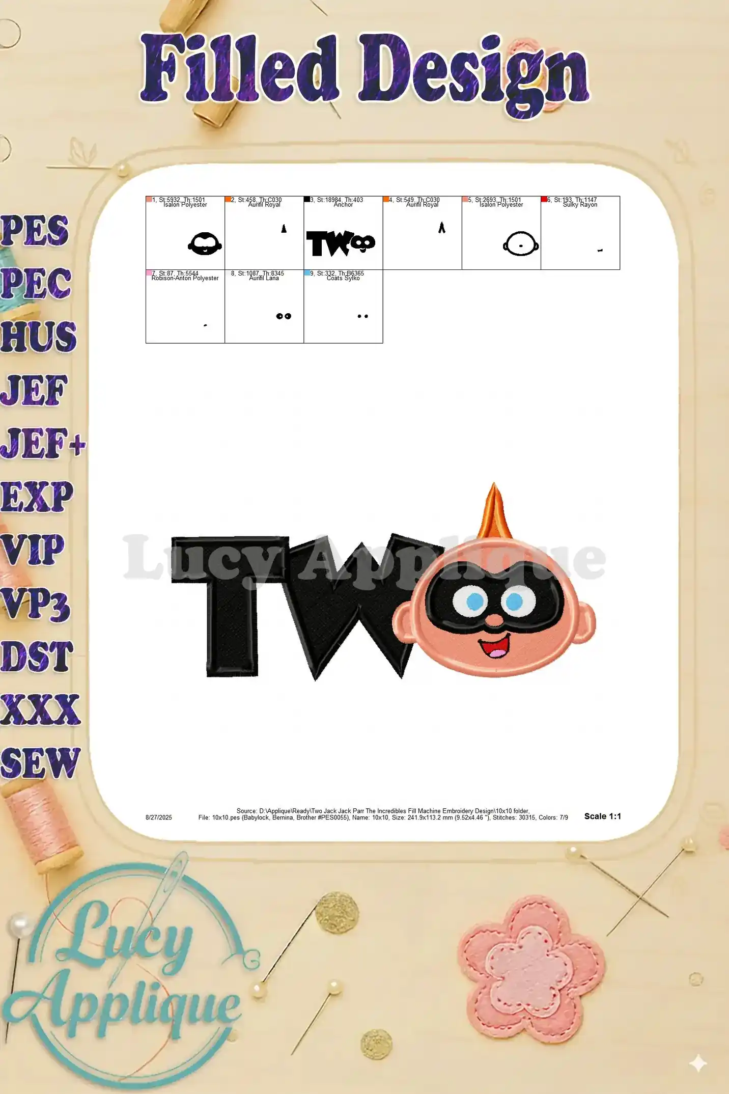 Detailed view of the Jack-Jack Parr embroidery design showing the individual sections and their corresponding colors. This is a helpful visual guide.