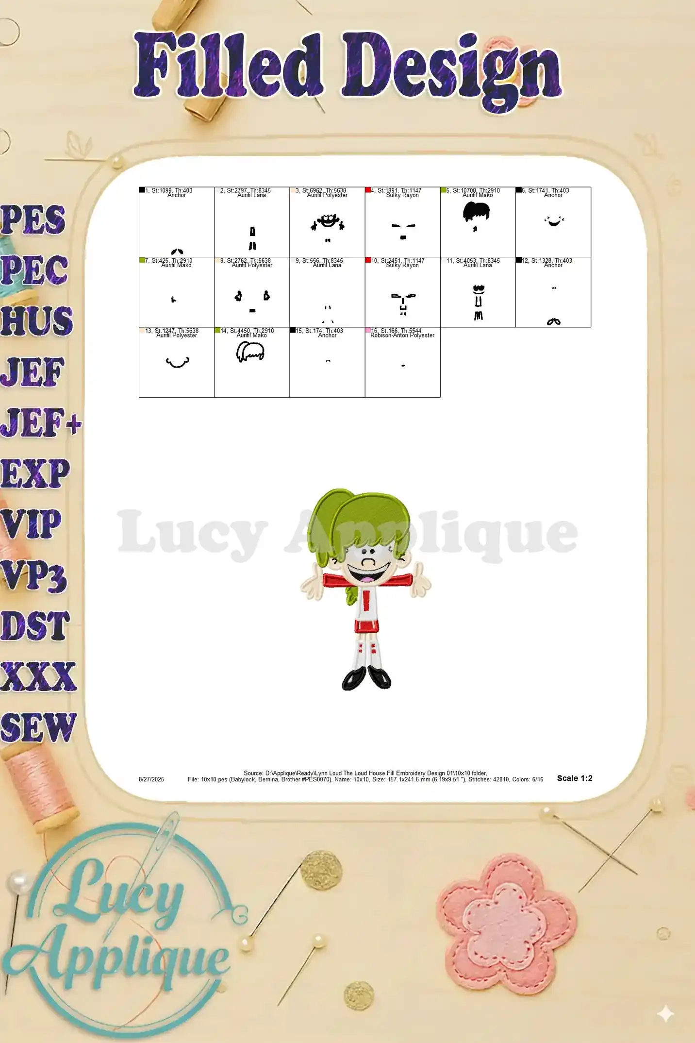 Color chart for the Lynn Loud embroidery design, showing different color sections and indicating the corresponding thread colors used in the design.