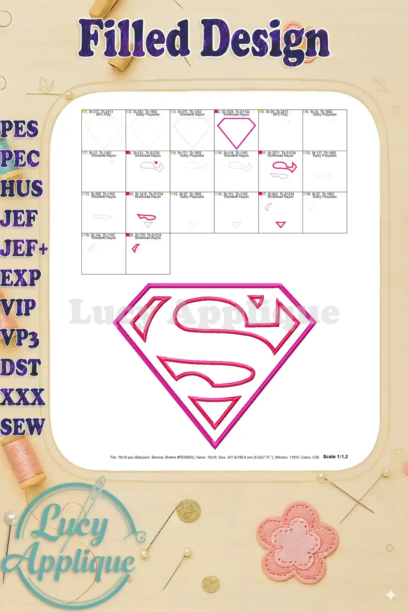 A filled design showing the complete Supergirl applique embroidery design with all the colors and stitches in place.