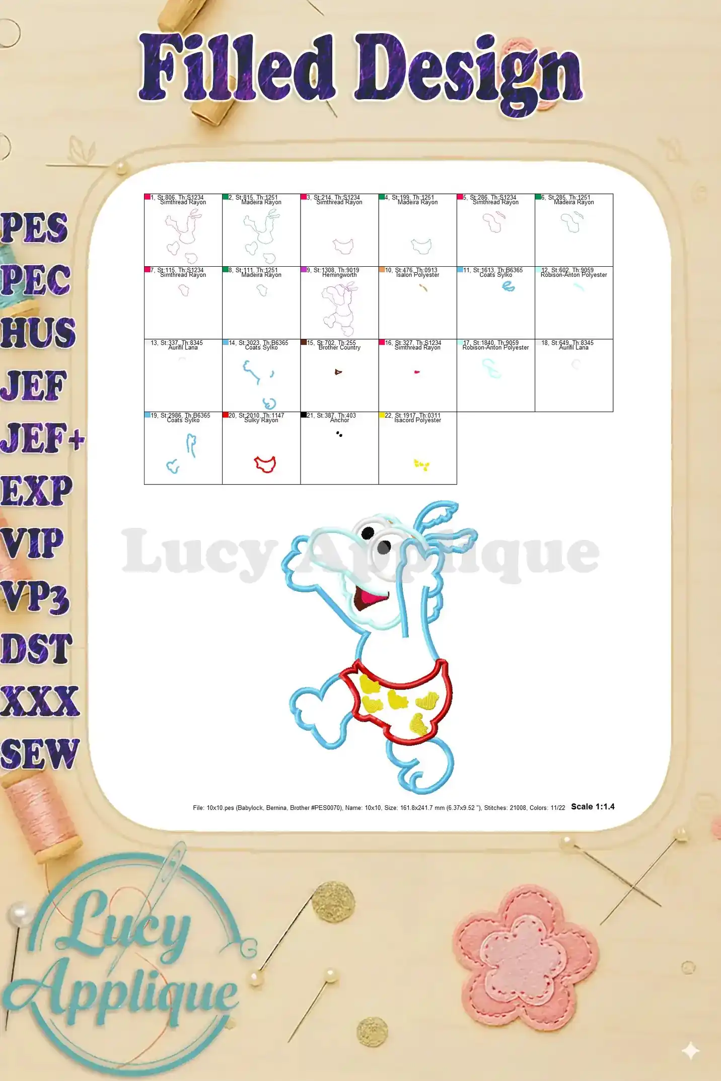 Filled design of Baby Gonzo from Muppet Babies, showcasing the completed applique with detailed stitching and vibrant colors.