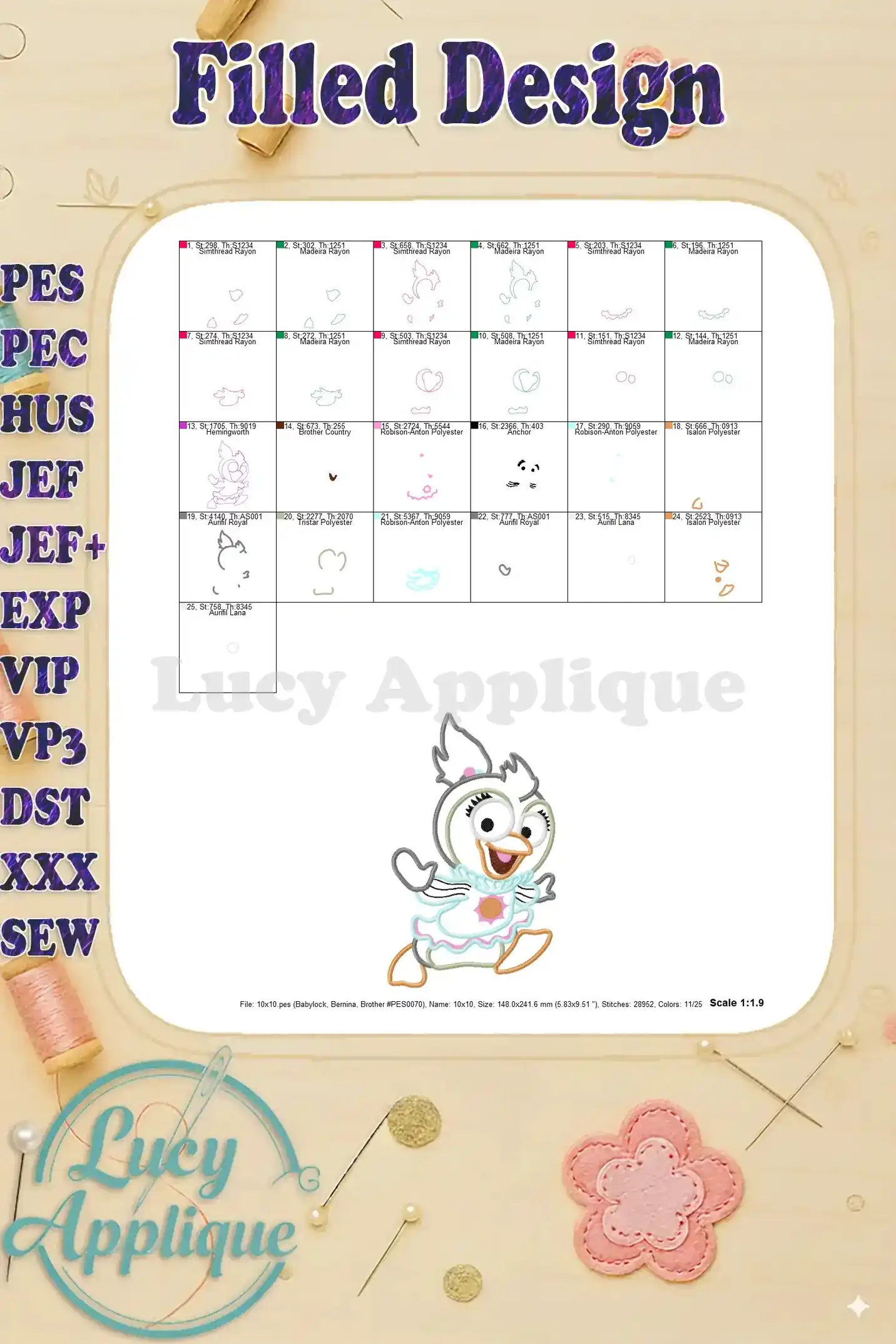 Filled design image for the Muppet Babies Summer applique, showing the completed embroidery with various thread colors.