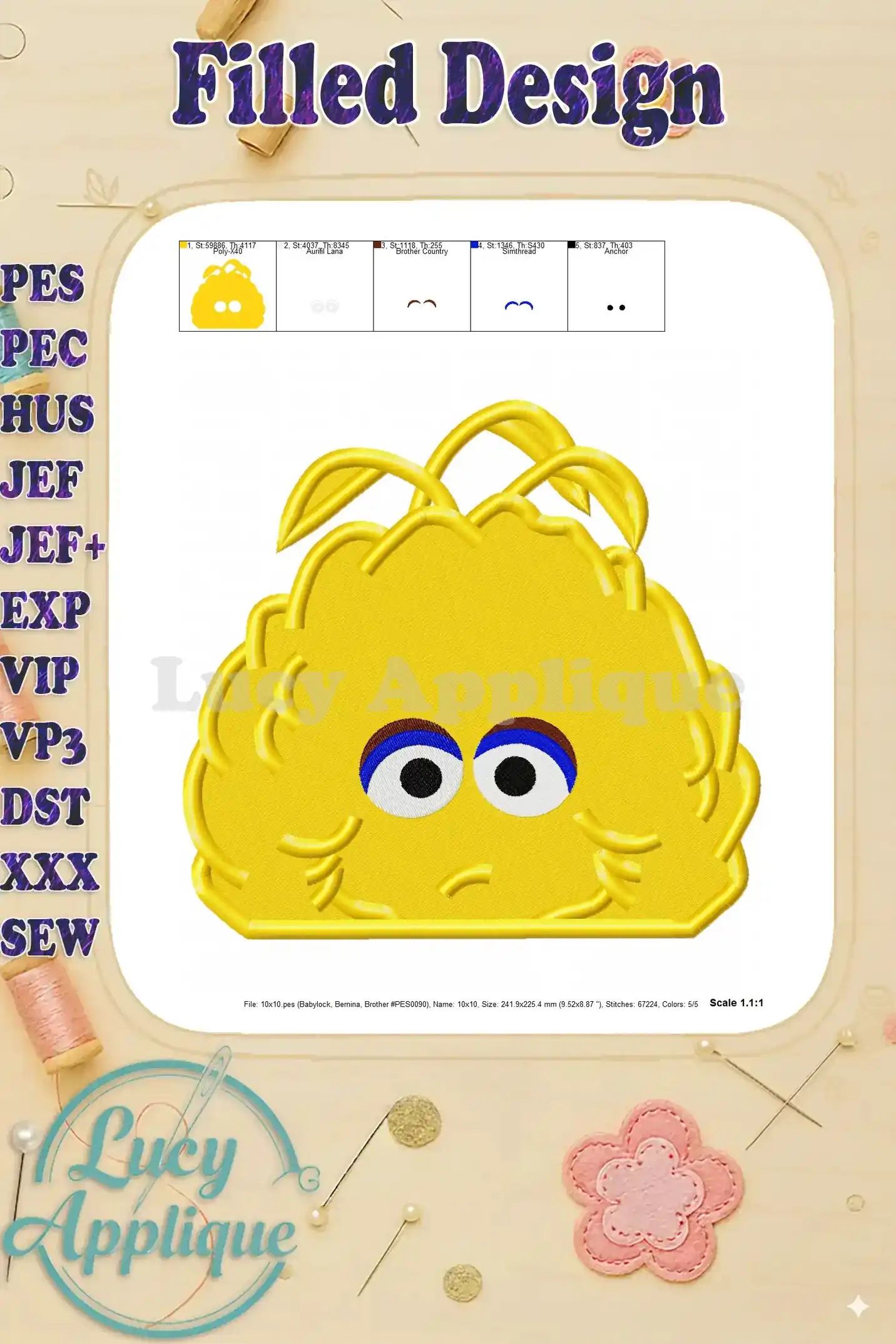 Another view of the completed Big Bird Muppet embroidery design, showing the details of the filled stitch work. It includes scale and stitch information.