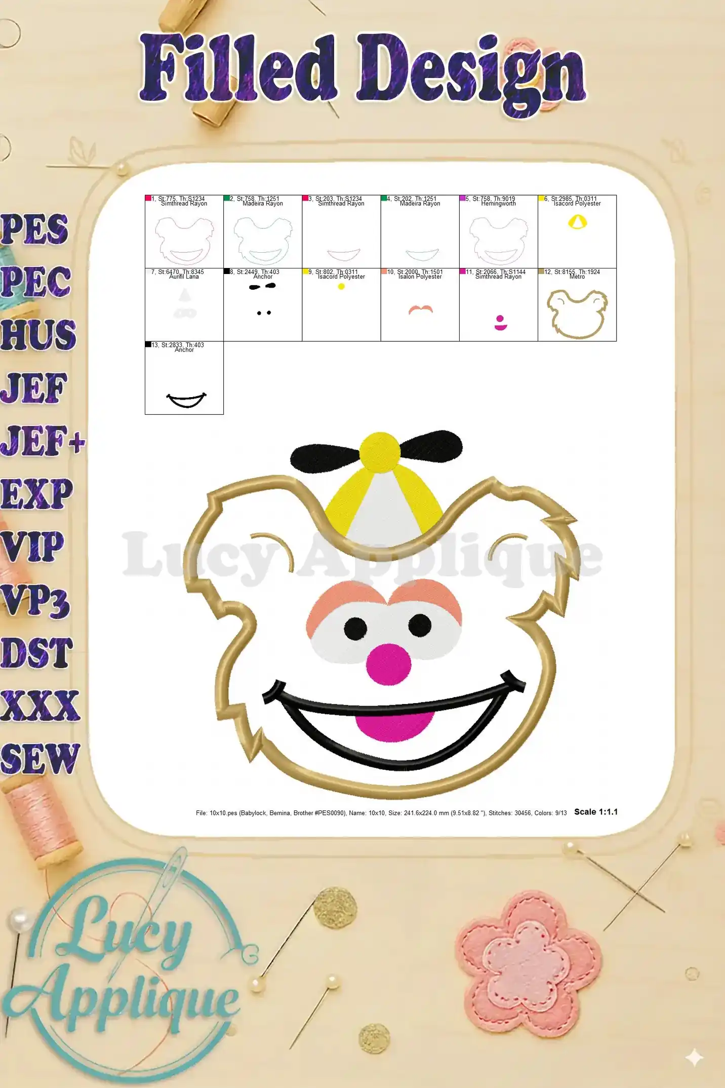 Filled design of Fozzie Muppet Baby Head applique embroidery. Shows the final embroidered design with specified dimensions and scale.