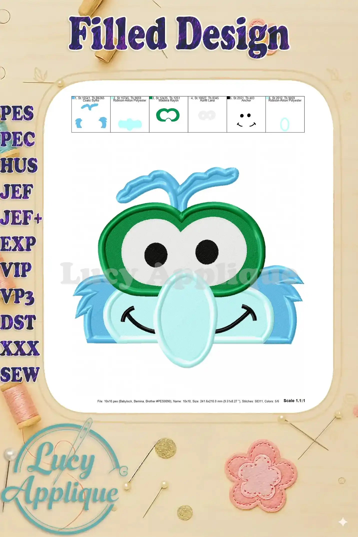 Embroidery design of Gonzo Muppet baby head, filled stitch, in blues and greens. Shows different machine formats and sizes. Easy to use instructions.