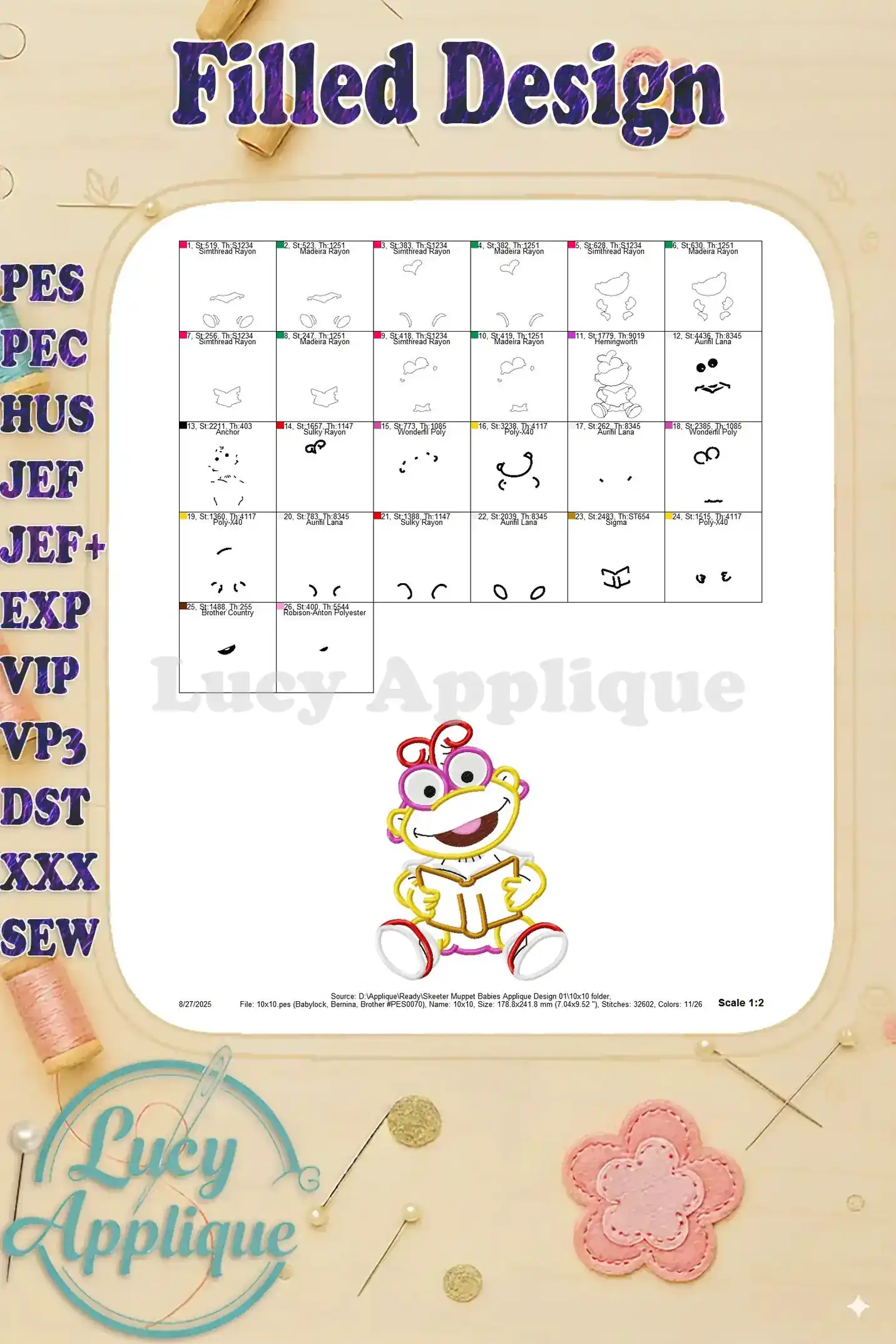 Filled design for Skeeter Muppet Babies applique. Shows color placement, stitch details, and thread usage for filled embroidery.