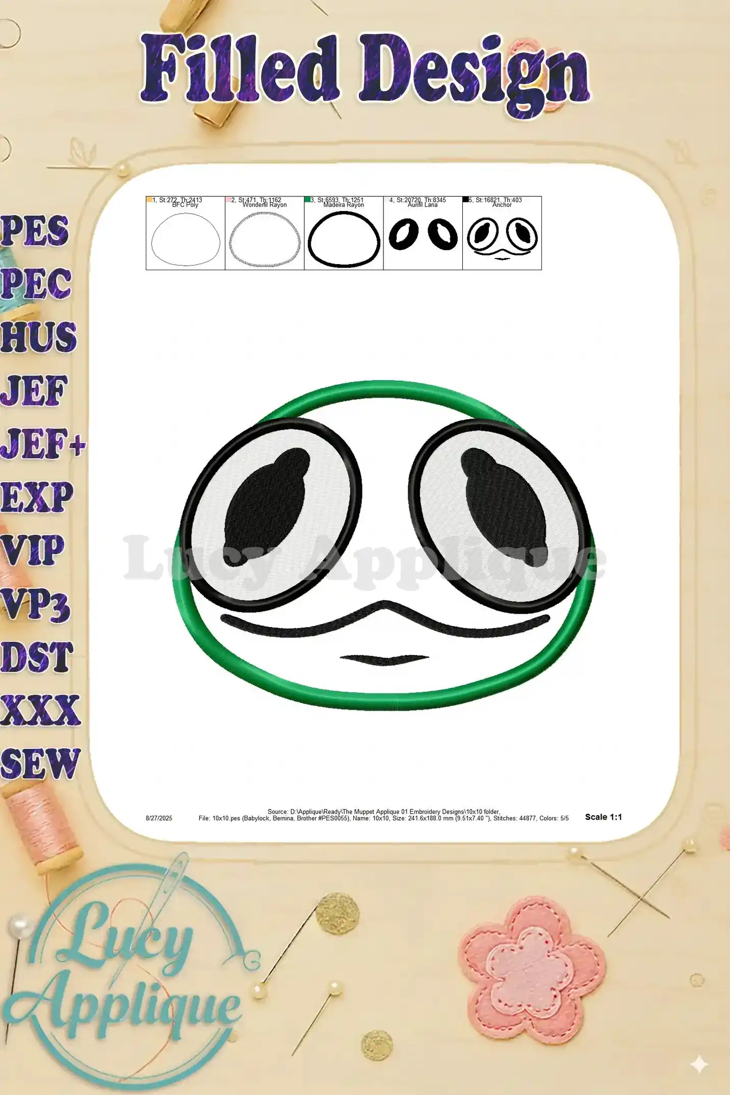 Filled design of the Muppet applique, showcasing the completed embroidered product and its vibrant colors. This image showcases the final product.