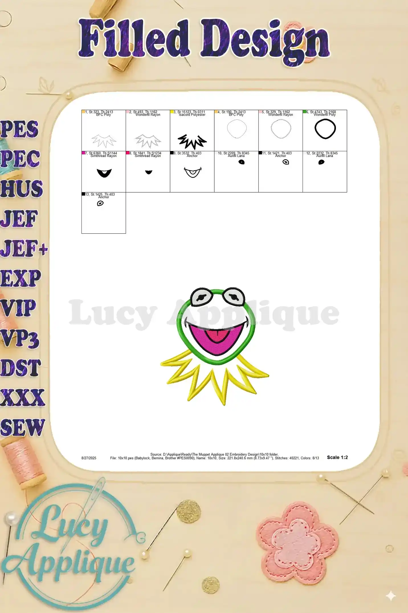 Filled design preview of Kermit the Frog embroidery, showcasing the completed look and stitch density. Great for visualizing the final product.