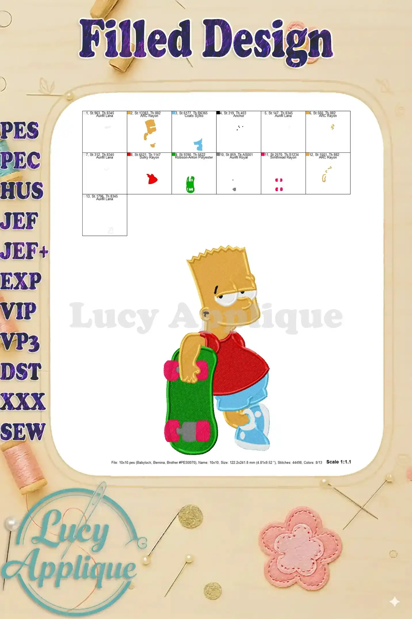 Embroidery design of Bart Simpson skateboarding. Filled stitch design, bright colors. Shows different software details.