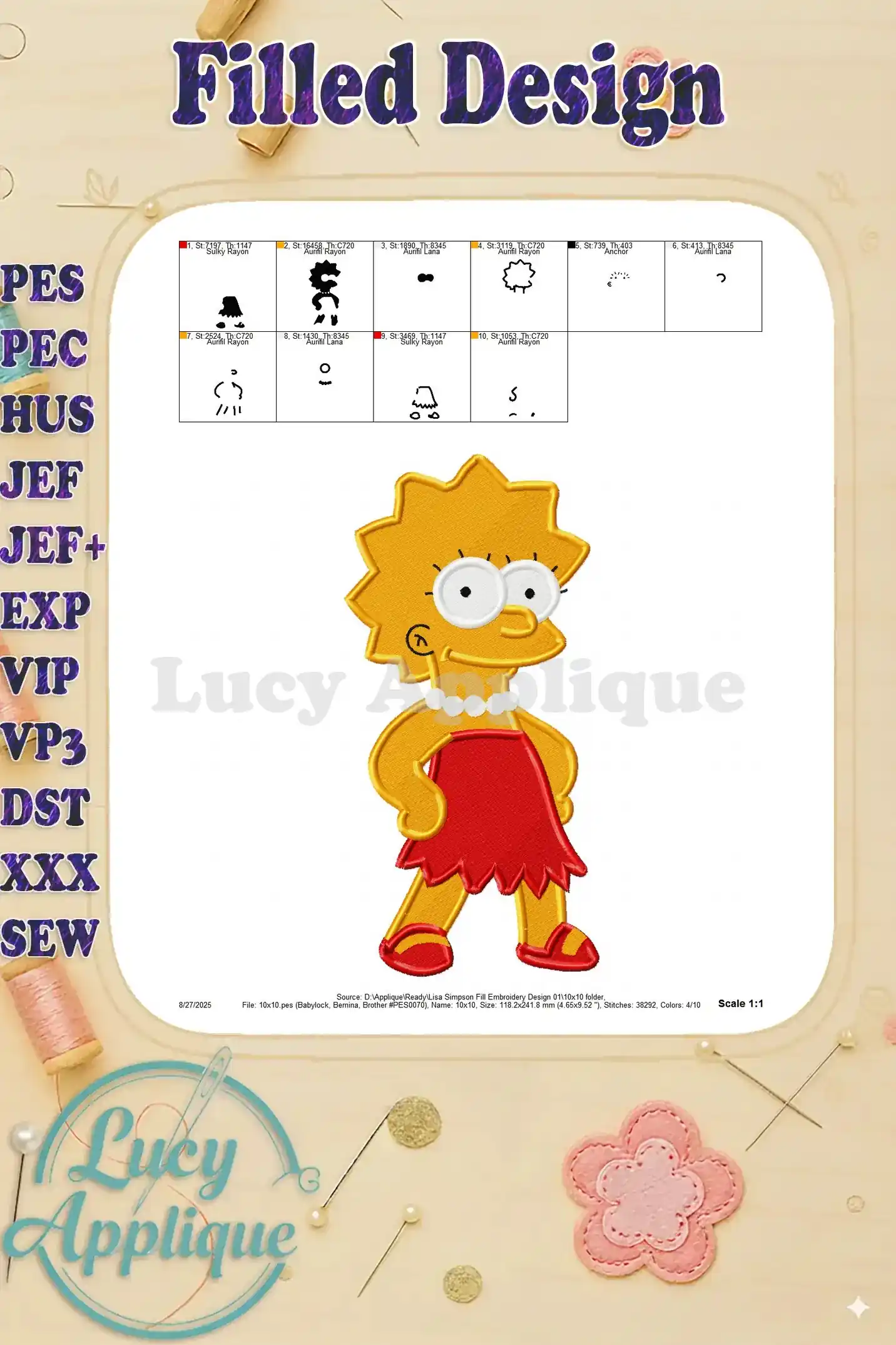 Scale chart for the Lisa Simpson embroidery design, showing the design's dimensions and stitch count, along with color details.