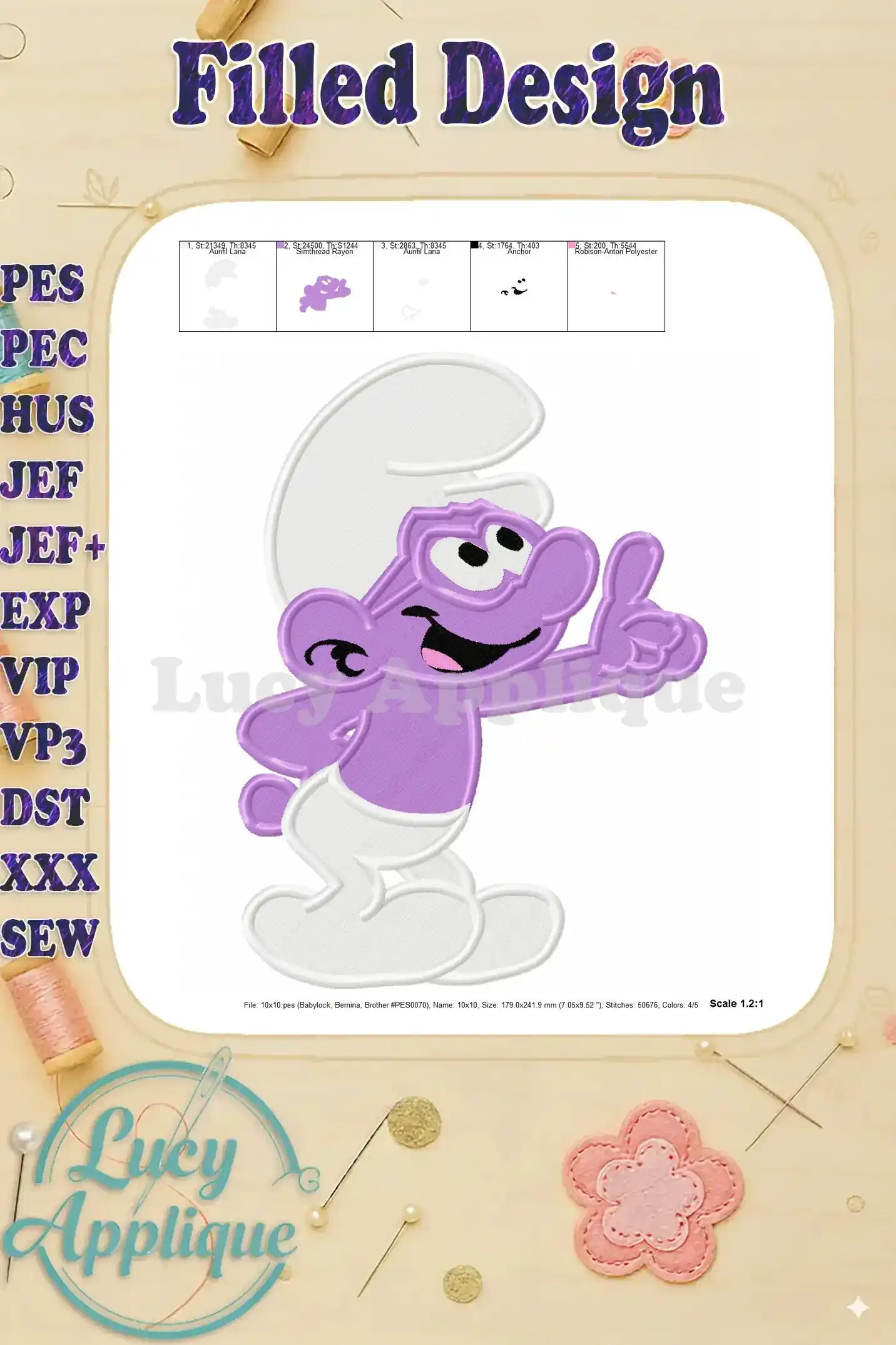 Brainy Smurf embroidery design in purple, showcasing a cheerful Smurf character with a raised index finger. The design is presented on a white background, within a square frame.