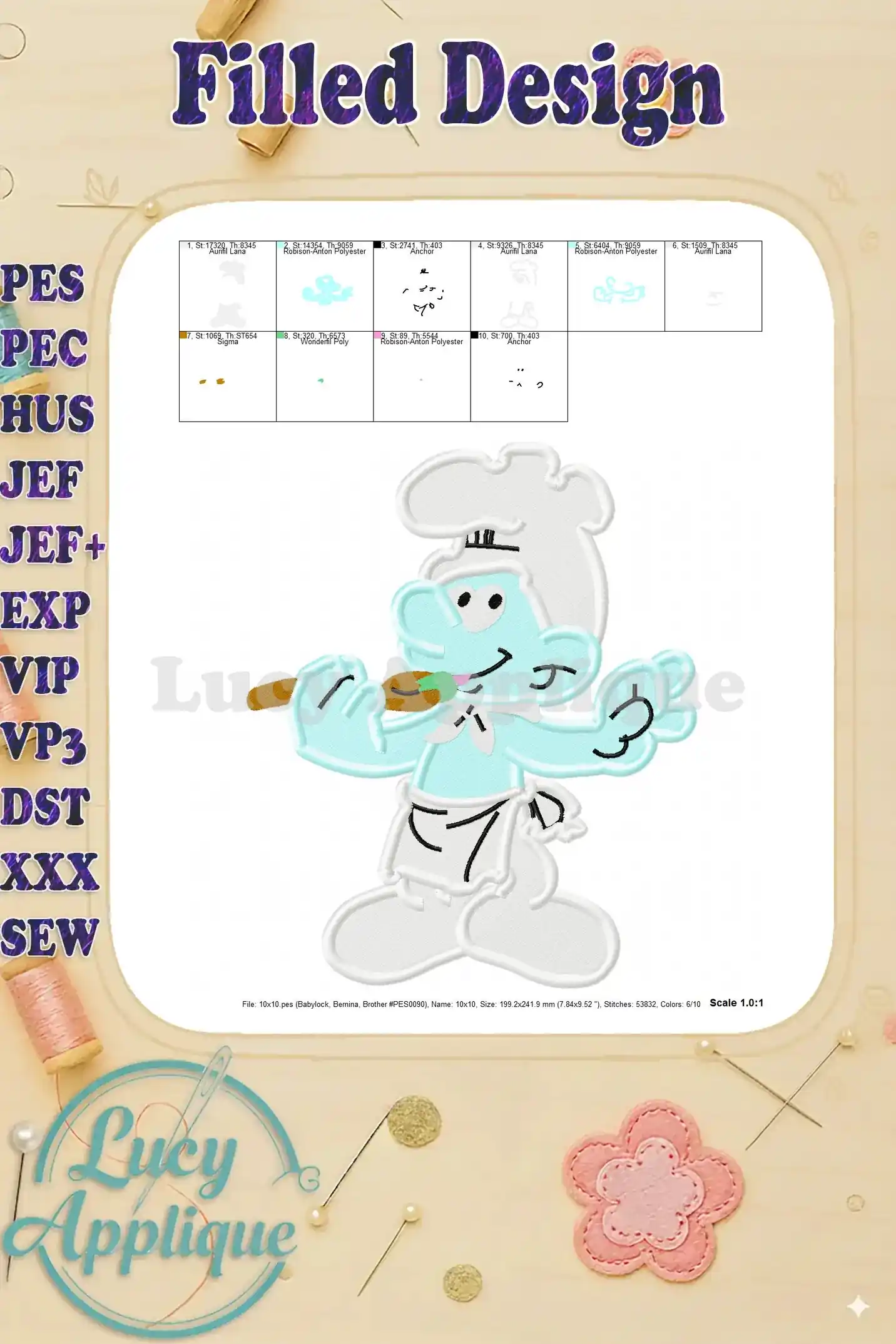 Embroidery design file details for Chef Smurf, including size, stitches, and scale. High-quality design for your projects.
