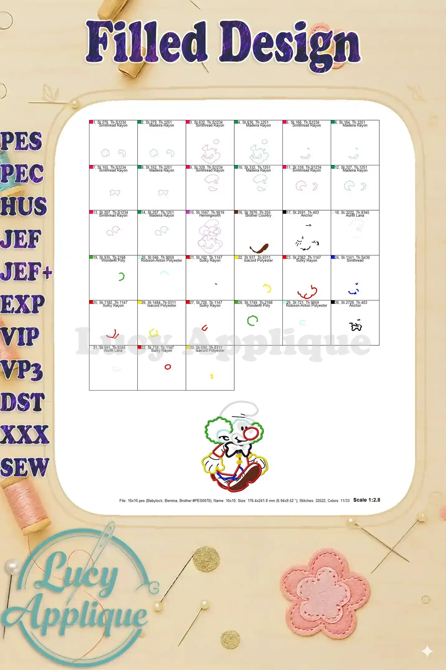 A filled design chart for the Clown Smurf applique, showing thread usage and stitch details for a complete embroidery design.