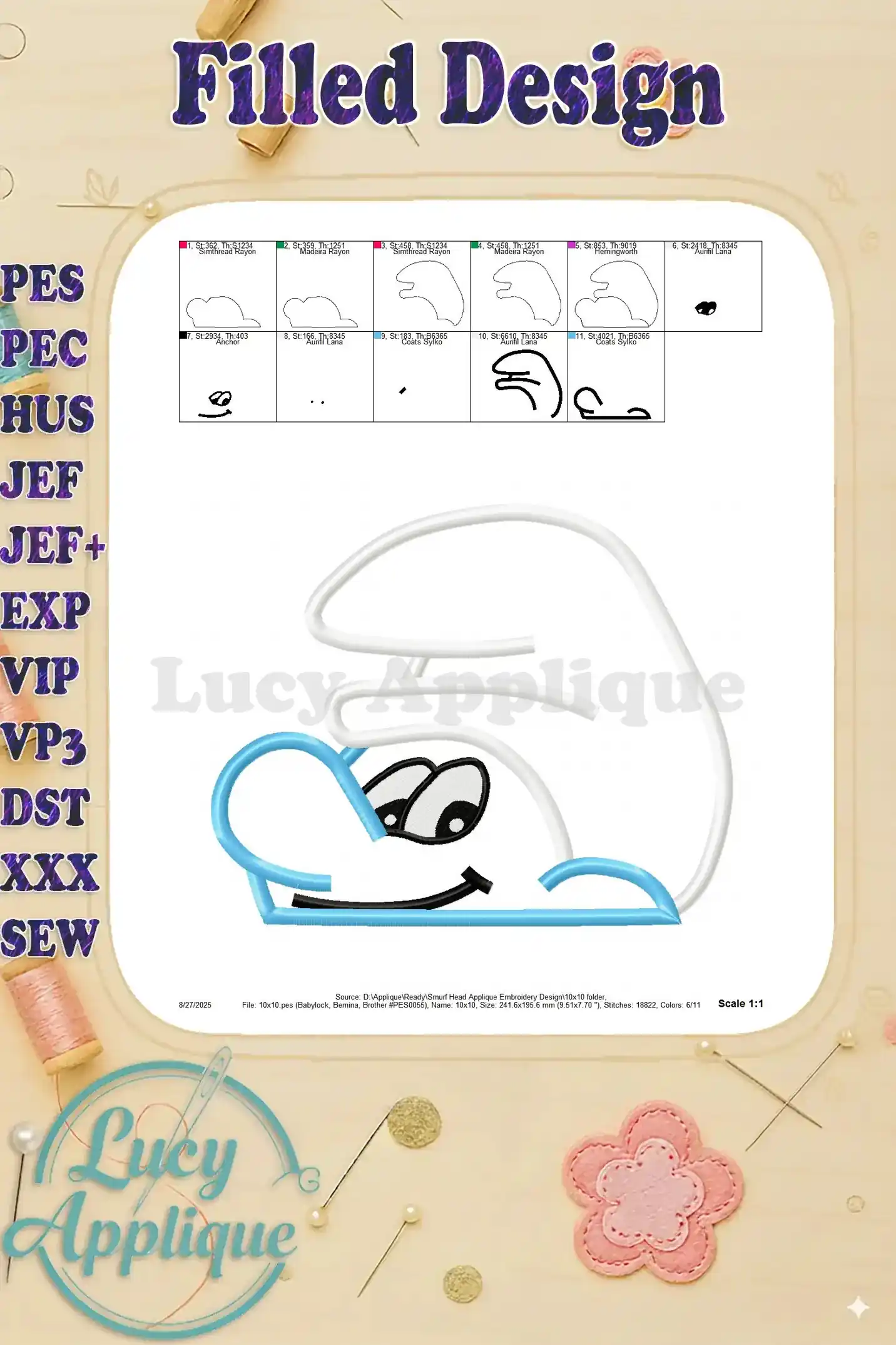 Filled design image of the Smurf head applique, showing the completed design in its entirety.