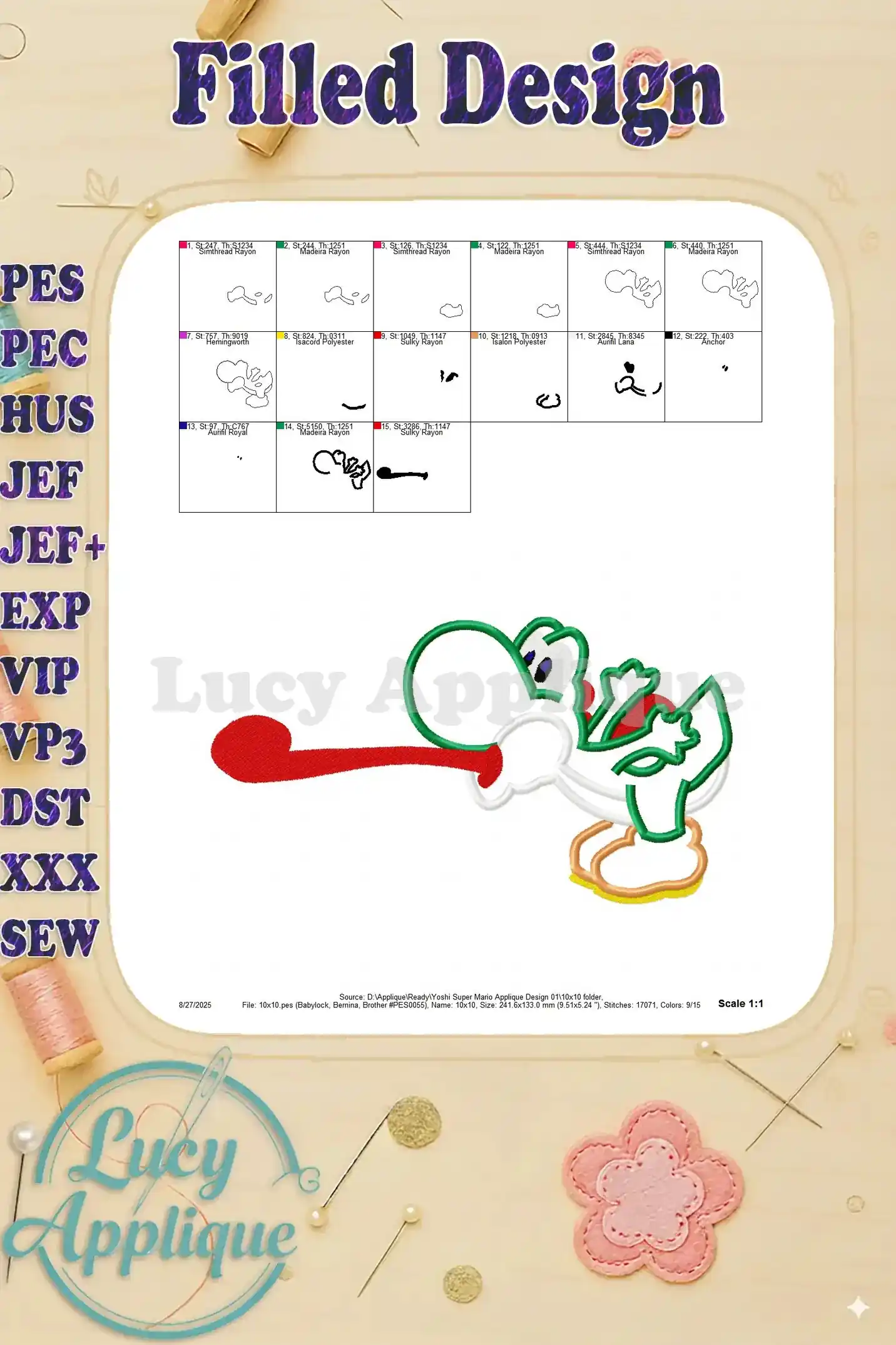 Filled design preview of the Yoshi Super Mario applique. This shows the completed design with all colors and details filled in.