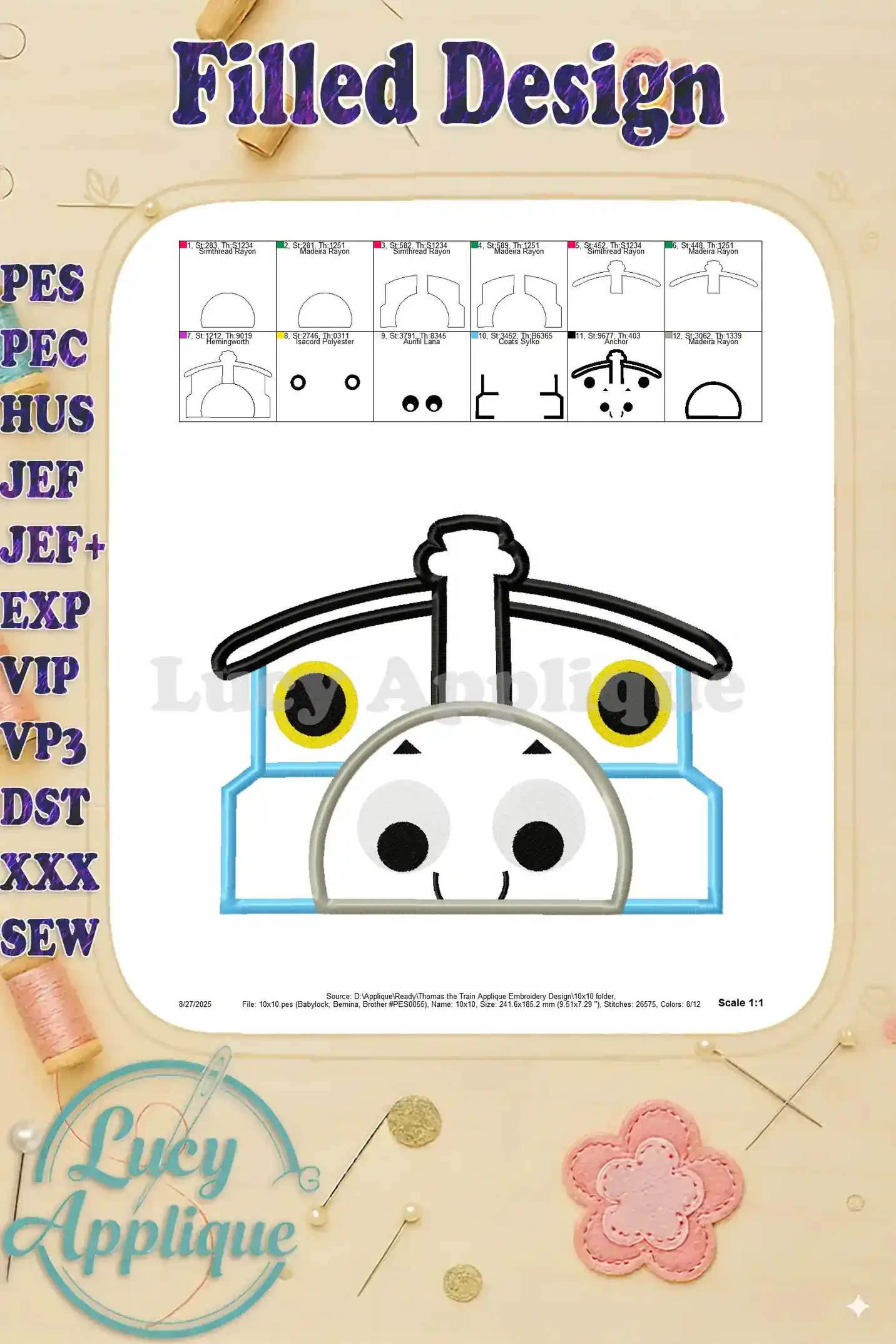 Filled design image of Thomas the Train applique embroidery design. It displays the completed design with all colors and stitches in place.