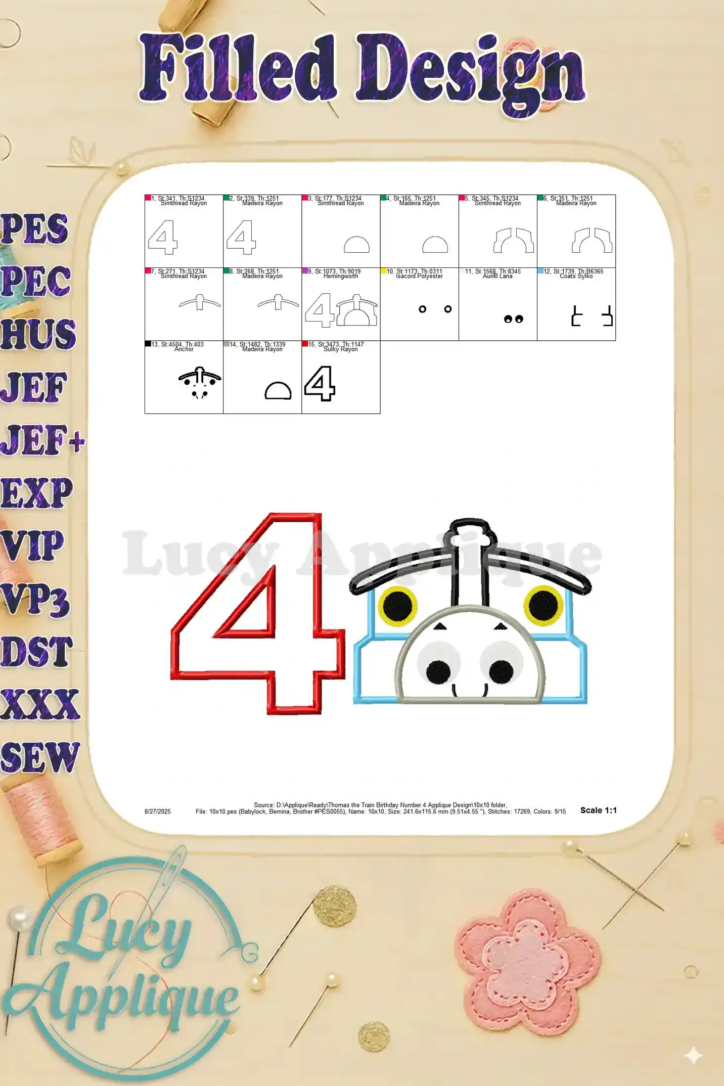 Filled design of the Thomas the Train applique, showing the completed design with all colors and details.