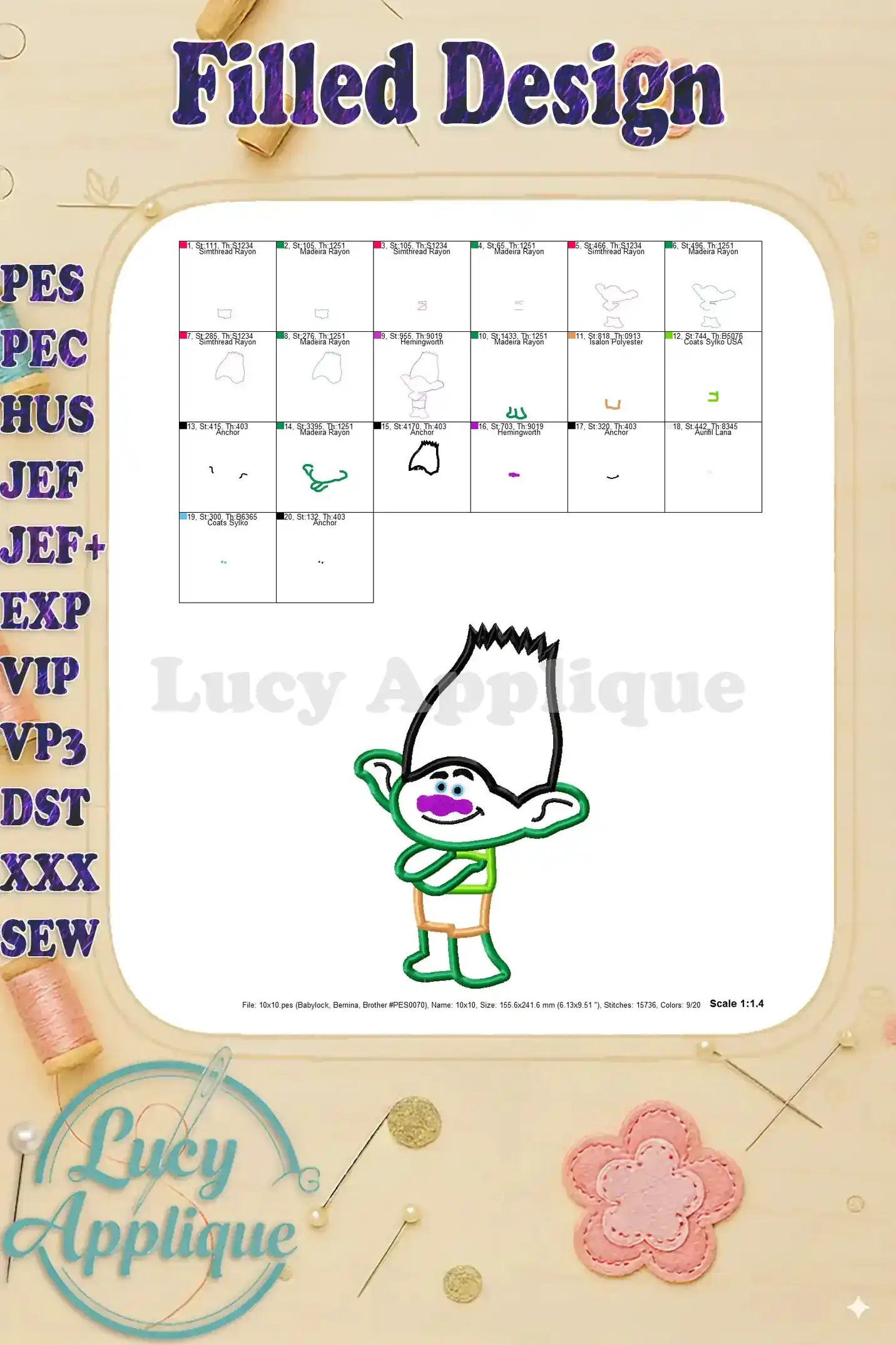 Filled design of the Branch Trolls applique, showing a complete image of the finished embroidery.