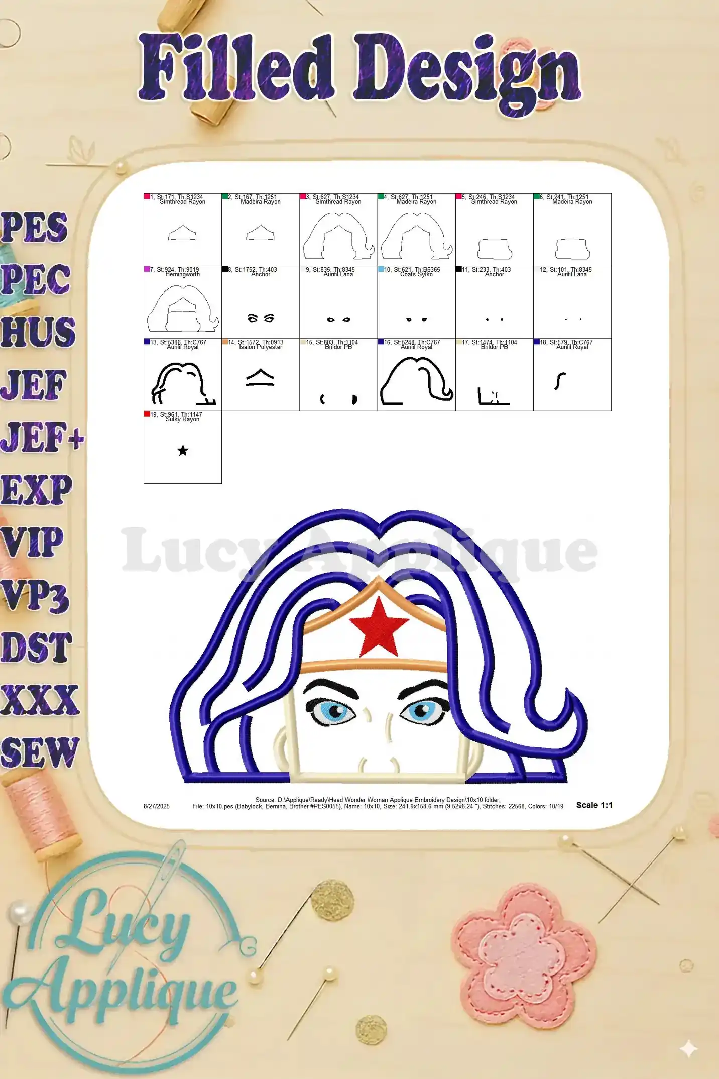 Filled Wonder Woman applique embroidery design, showcasing a complete stitched version of the design. High-quality stitching with precise detail.
