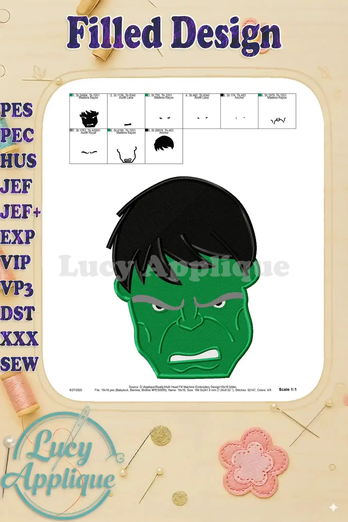 A design preview showing the Hulk head embroidery design at a 1:1 scale, ideal for checking the size and details before stitching.