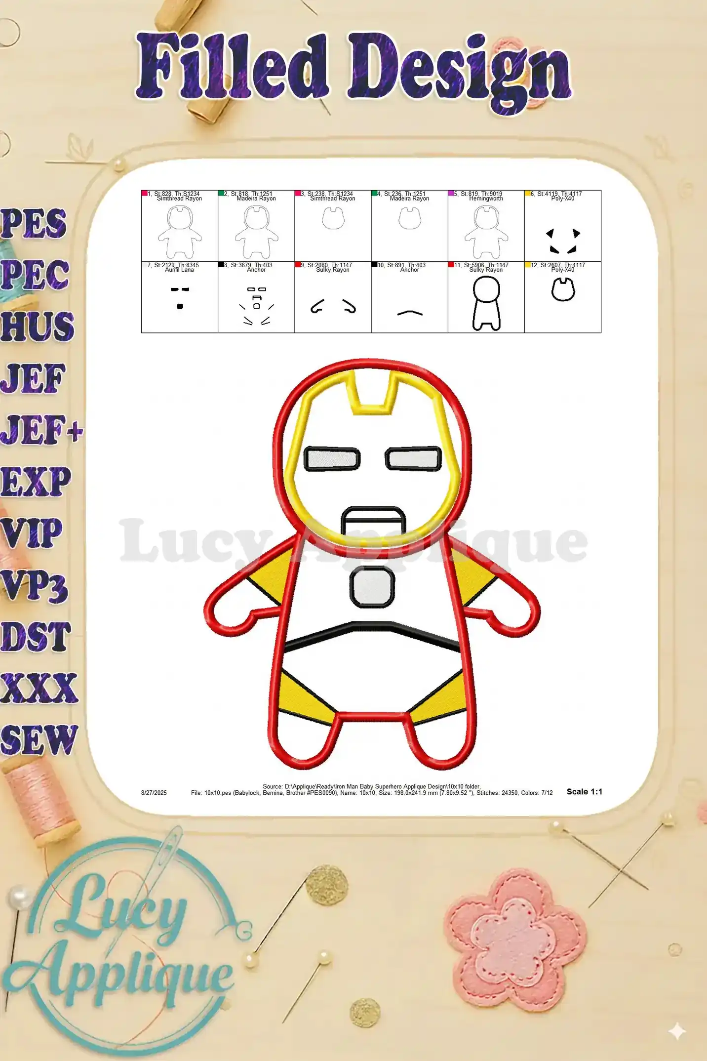 Filled design image showing a completed Iron Man baby applique. Shows the final look of the embroidered design.