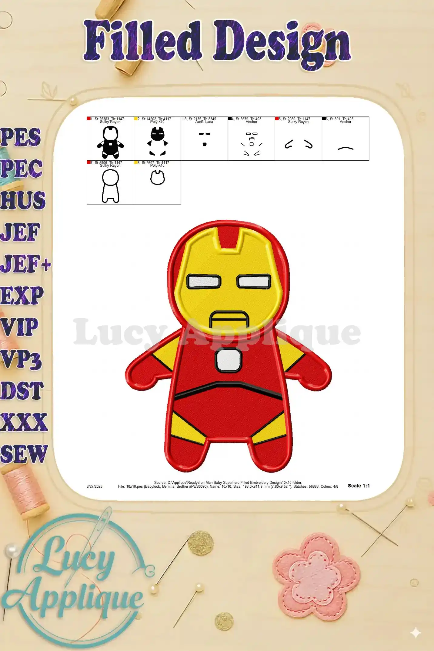 Detailed view of the different elements and color blocks within the Iron Man baby superhero embroidery design.