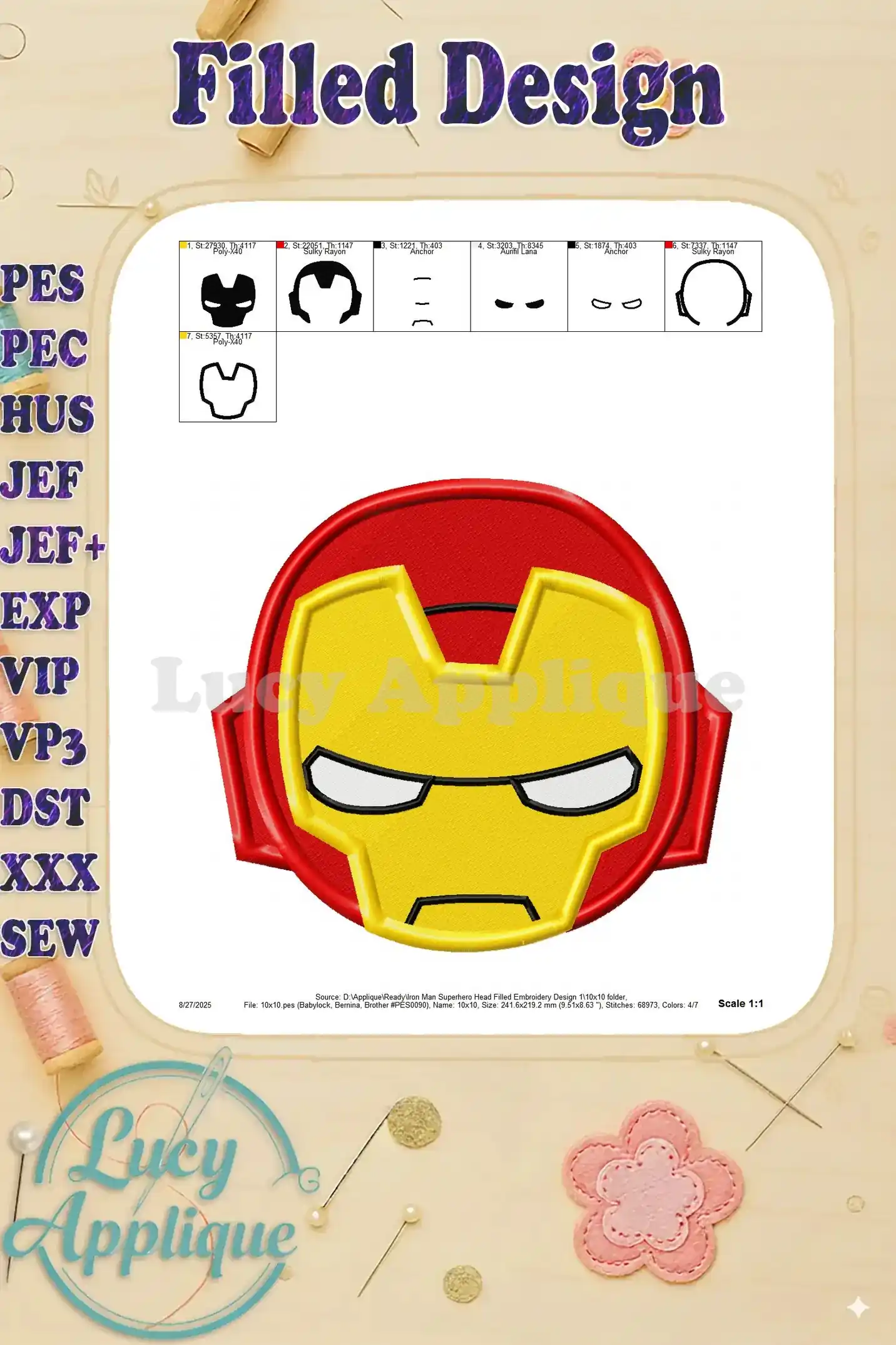 A detailed layout of the Iron Man embroidery design showing the individual sections and color placement for easy embroidery.