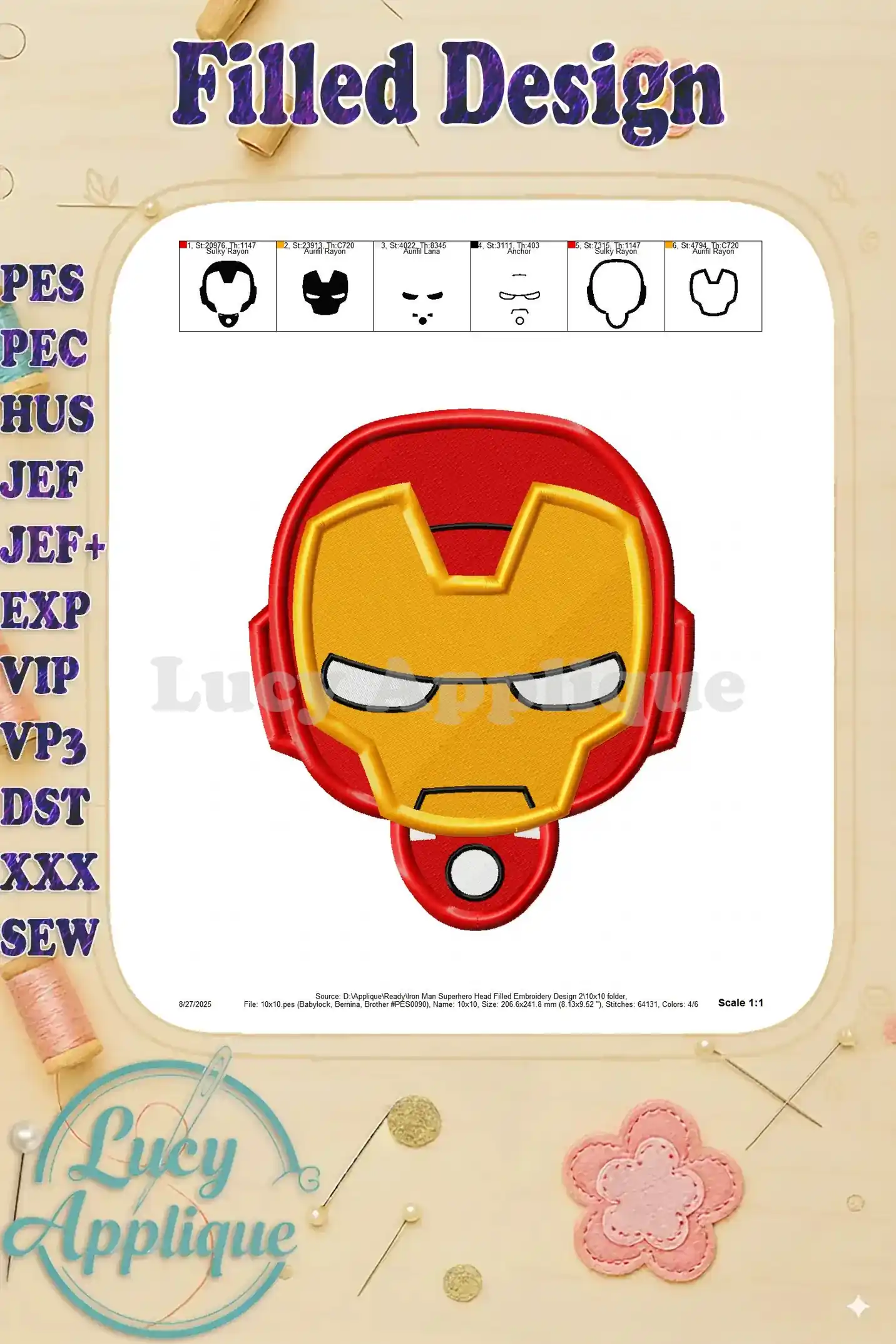 A detailed view of the Iron Man embroidery design showing the different sections and their corresponding color codes.