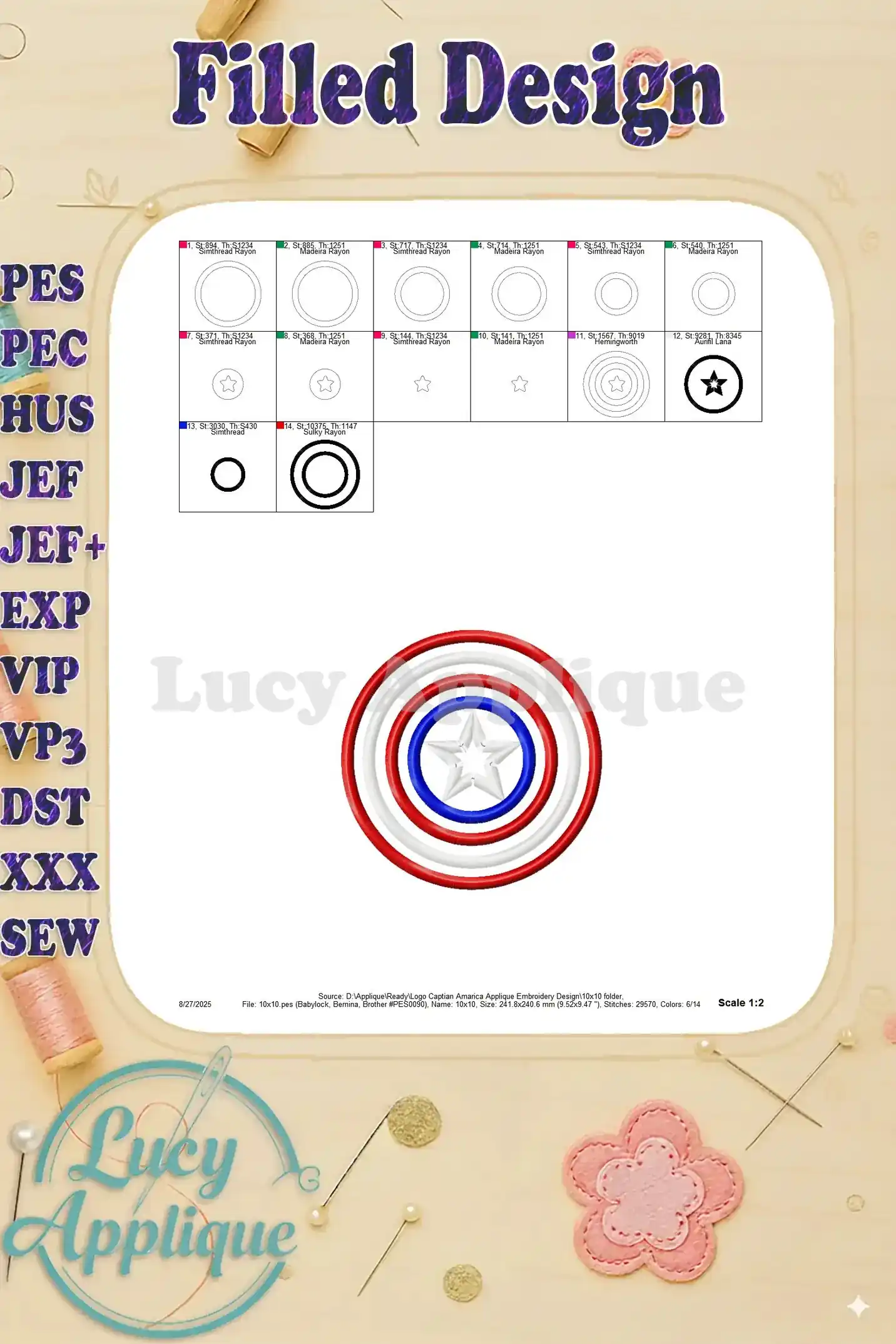 Filled design of the Captain America shield, showing the completed embroidered design with all colors filled in.