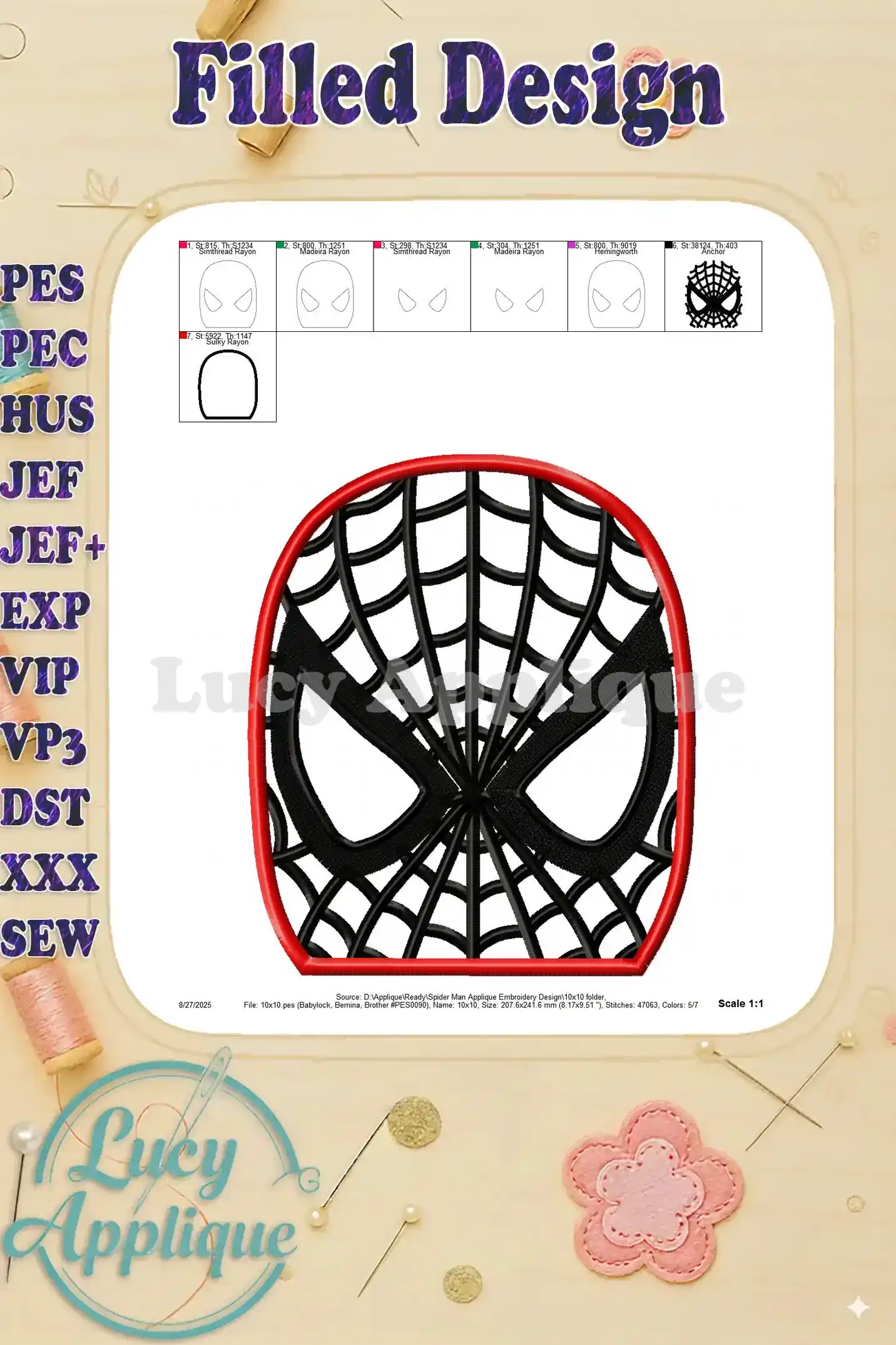 A filled design image of Spider-Man applique embroidery, showing a complete stitched mask with red and black colors, ready to be used.