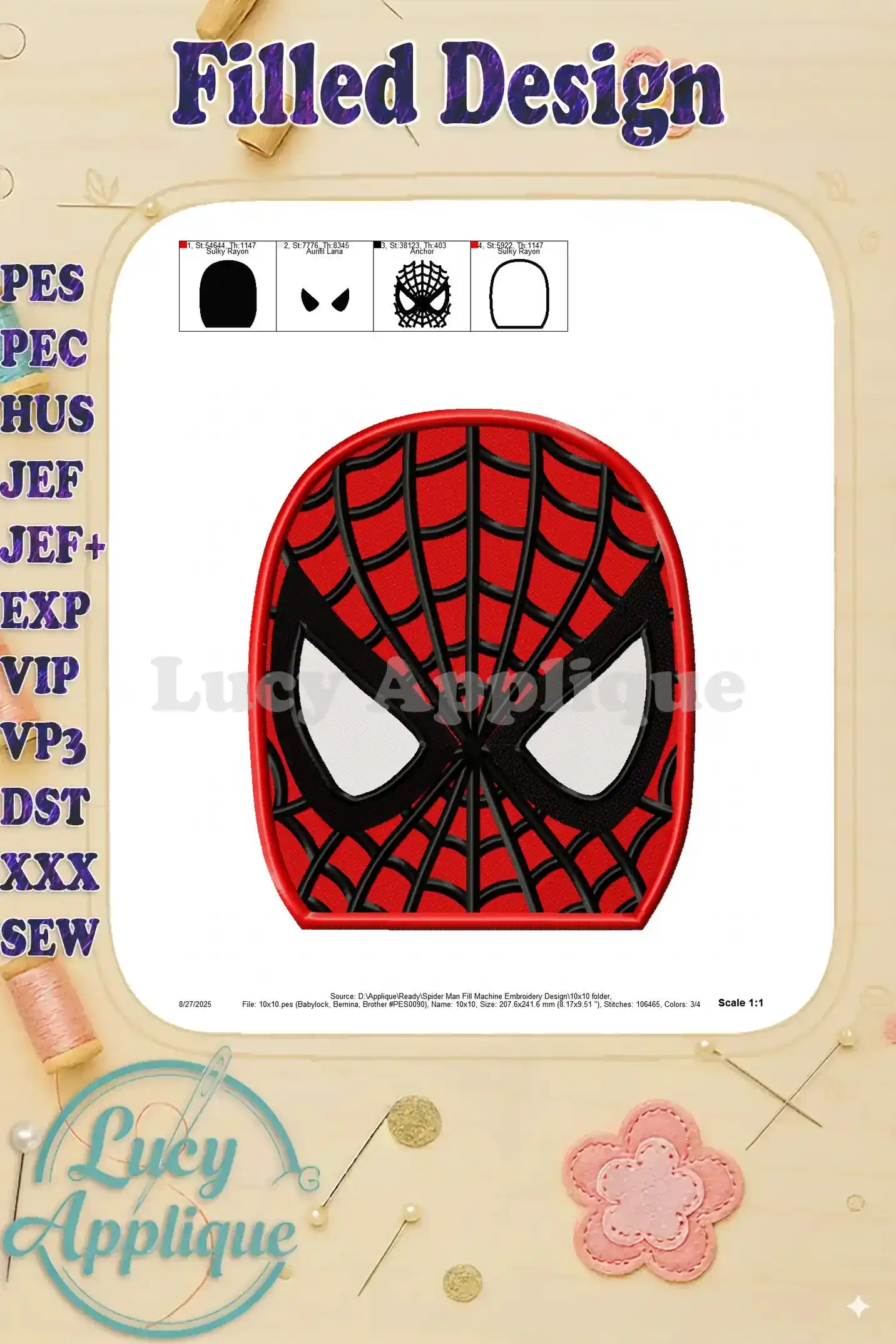 A scale 1:1 view of the Spider-Man filled machine embroidery design, showing the completed design's size and details. Ideal for sizing and placement reference.