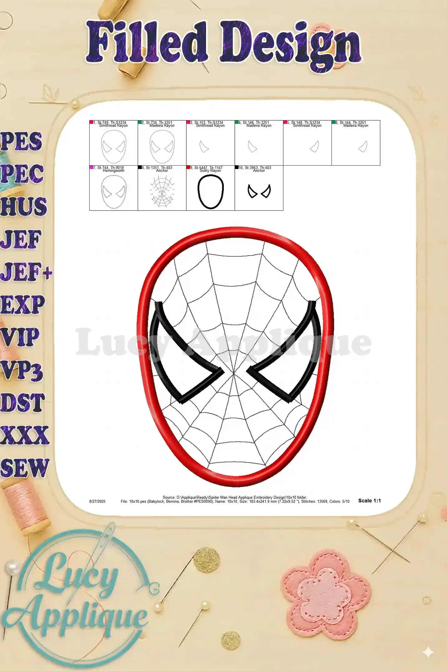 Filled design image showing the final look of the Spider-Man head applique embroidery. Color details are clearly shown.