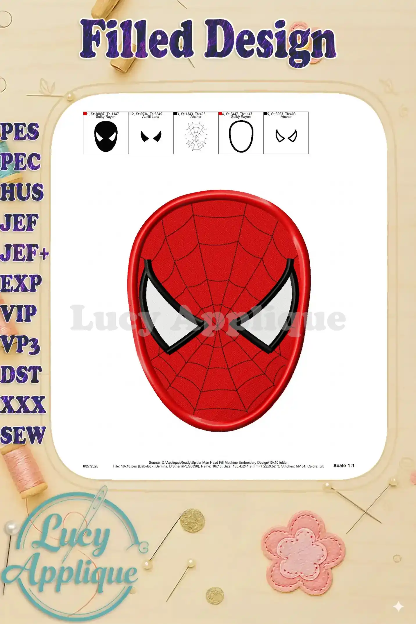 A detailed view of the Spider-Man head embroidery design, showcasing its scale and stitch density. This image is perfect for assessing the design's quality and size.