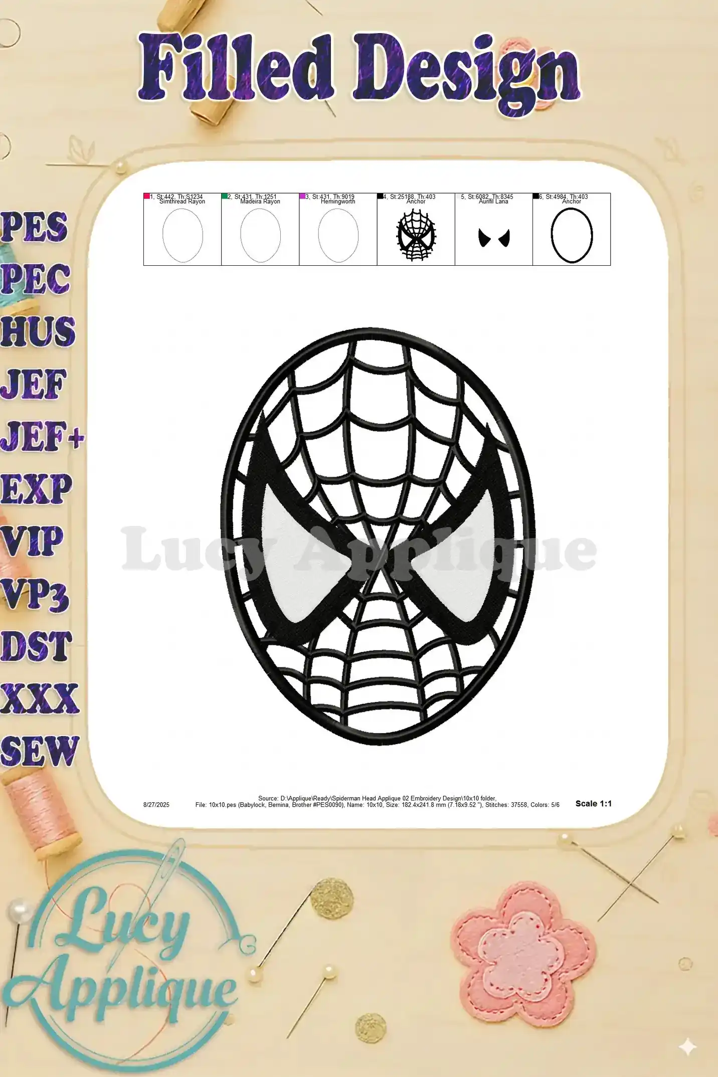A filled design image shows the completed Spiderman head applique embroidery in black thread. It highlights the design's shape and overall aesthetic.