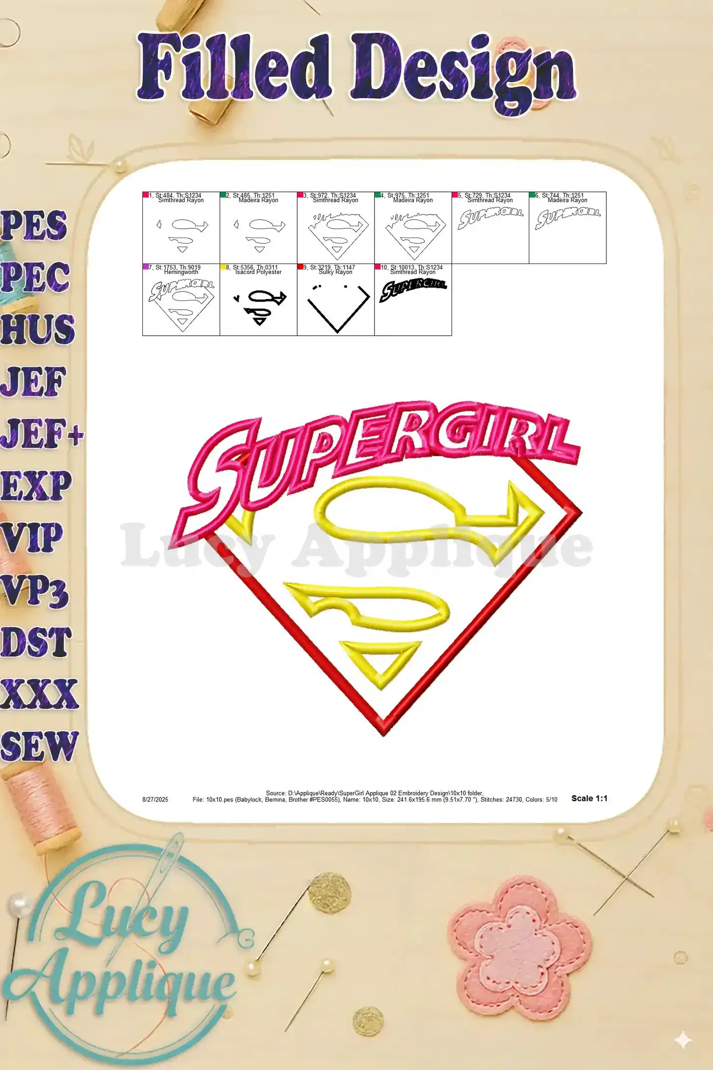 Filled design of the Supergirl applique embroidery, showing the completed design with all the colors and details filled in. Various file formats are also shown.