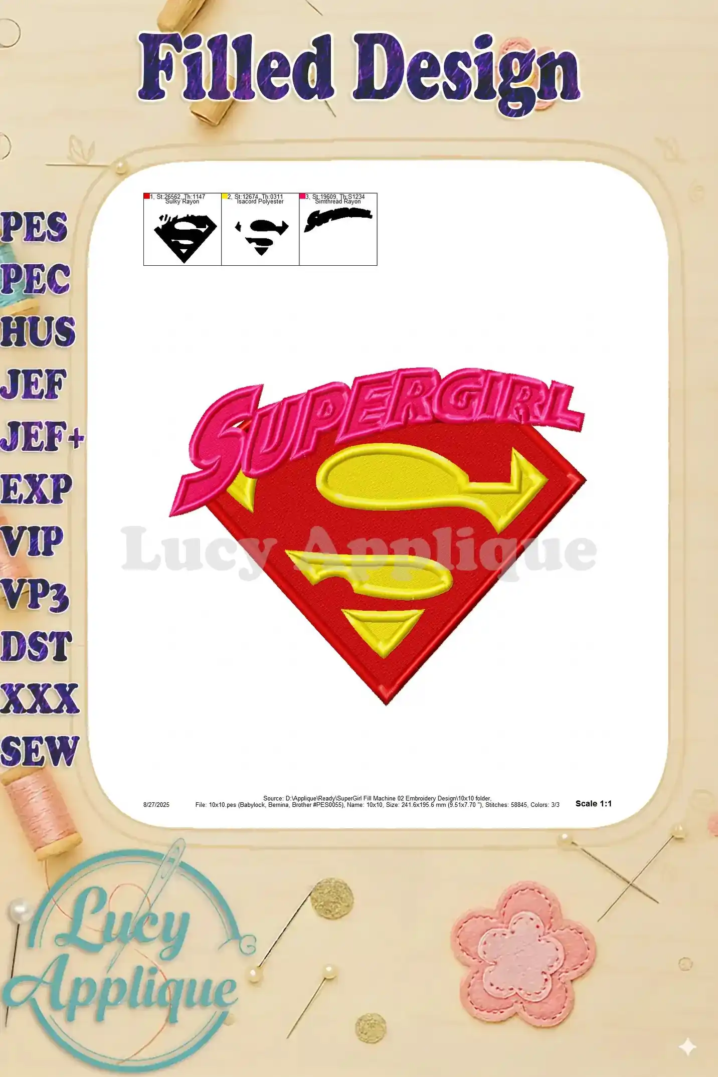 Detailed view of Supergirl embroidery design with color chart and scale information, offering precision and clarity for embroidery enthusiasts.