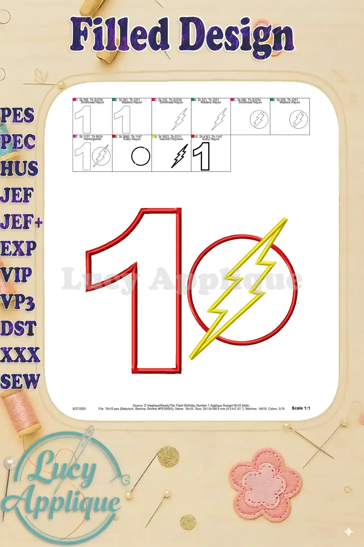 Filled design preview of The Flash Birthday Number 1 applique, showing the completed design in various formats.
