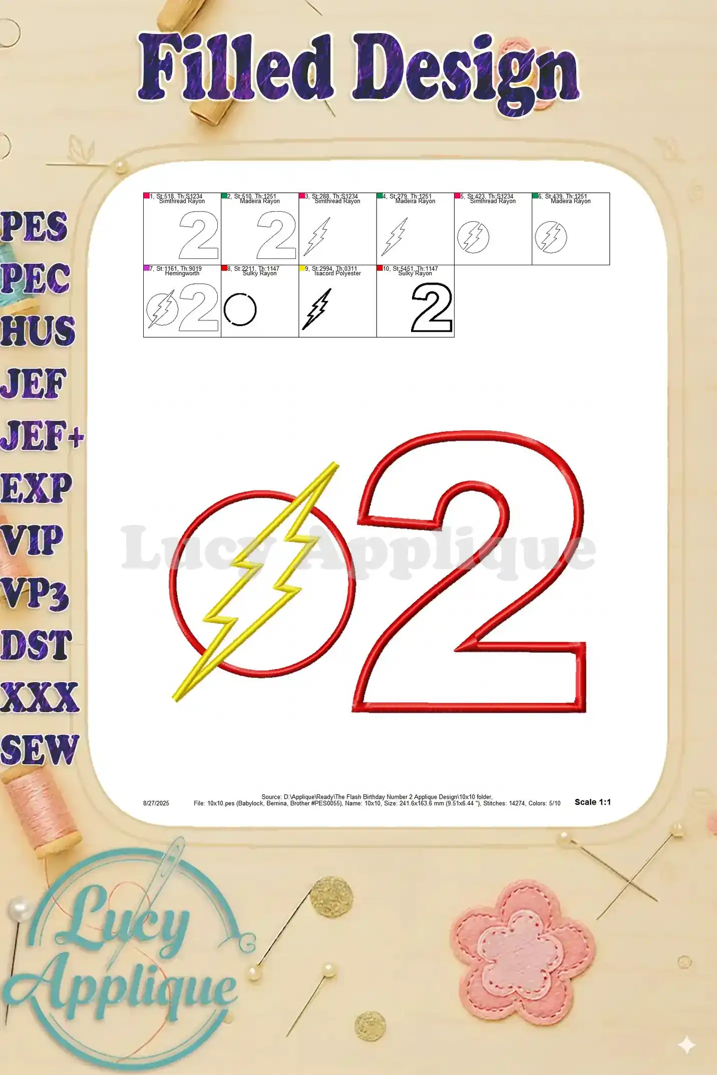 A filled design showing the final embroidered result of the Flash Birthday Number 2 Applique design. A finished product view.