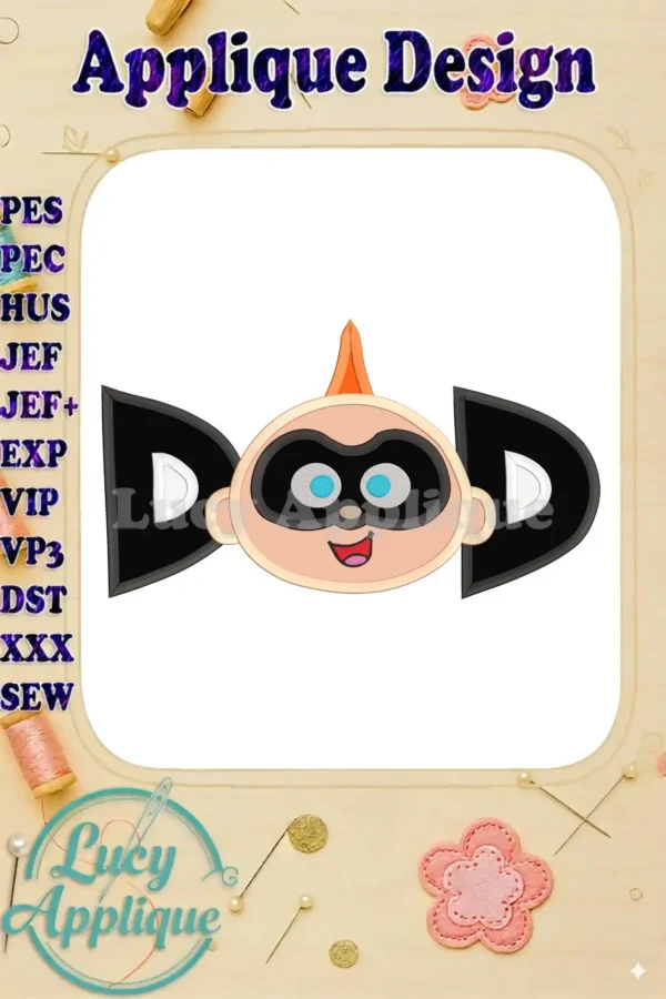 Embroidery design of Jack-Jack Parr from The Incredibles, shown as an applique. The design is displayed on a white background with a simple frame.