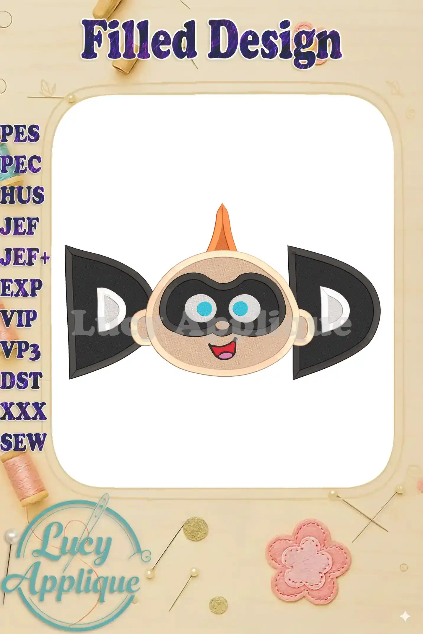 Embroidery design of Jack-Jack Parr from The Incredibles, showcasing a filled design with black hair and a cute expression. Perfect for adding to clothes or accessories.